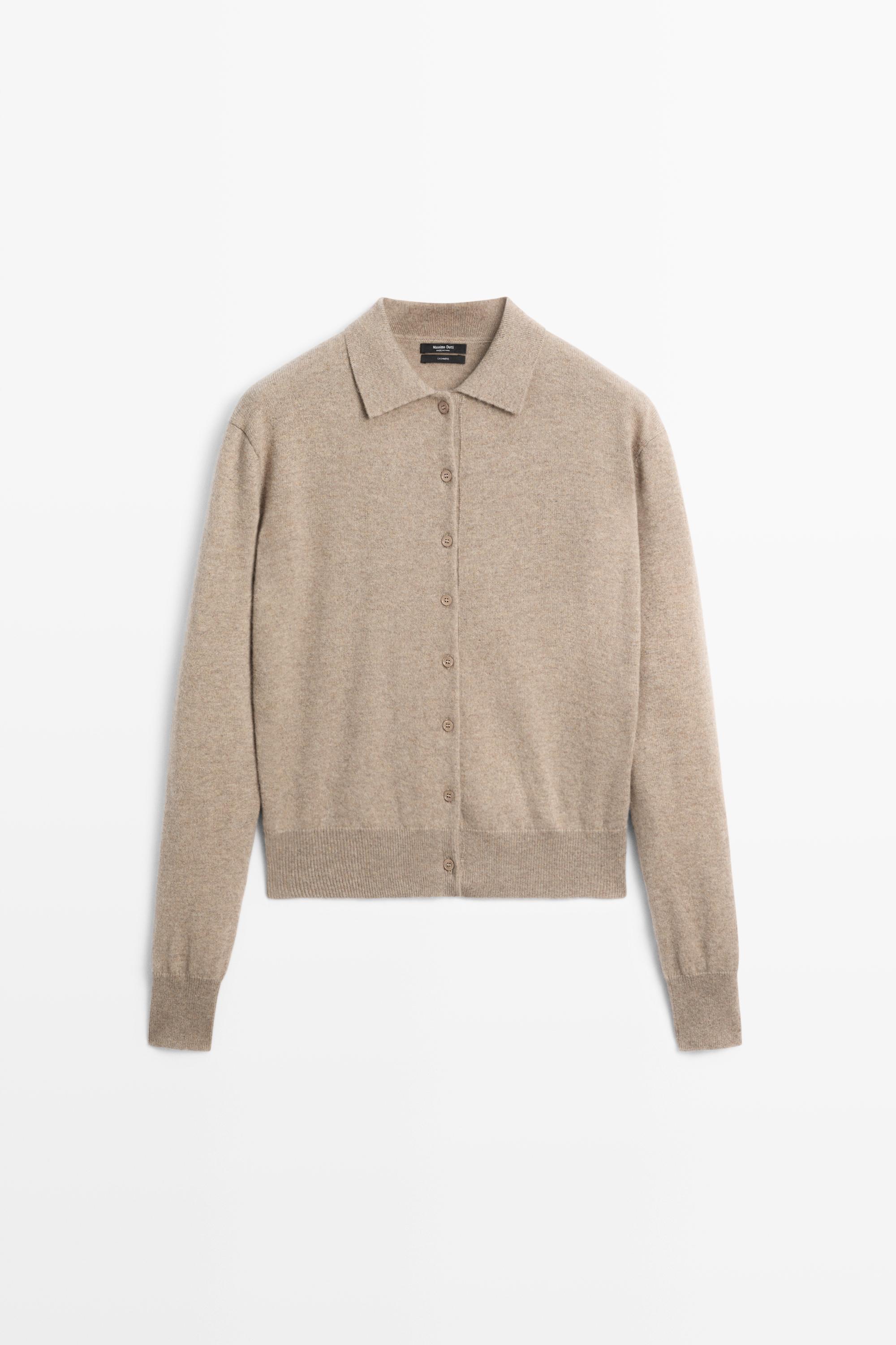 100% cashmere knit polo collar cardigan - MINK