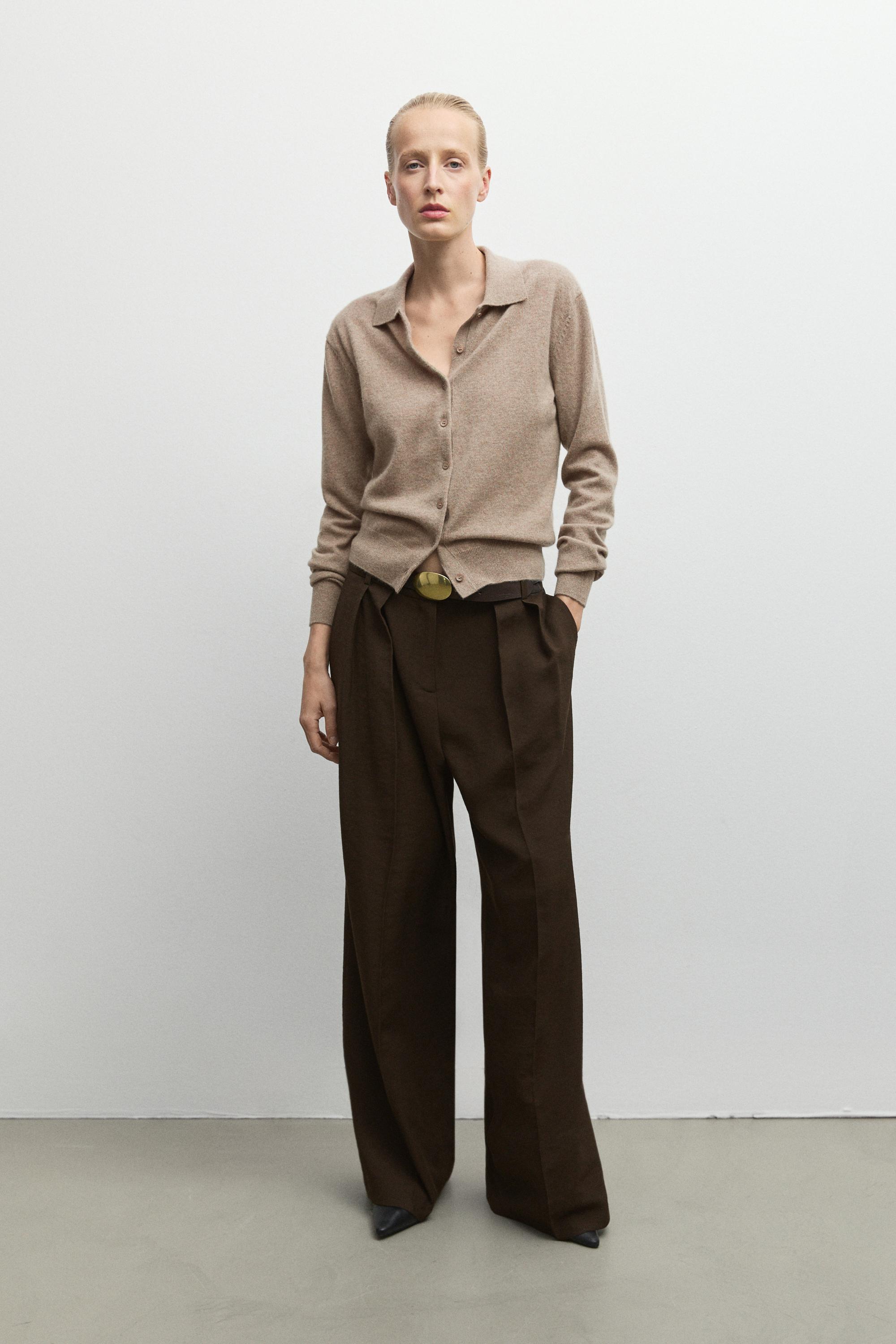 100% cashmere knit polo collar cardigan - MINK