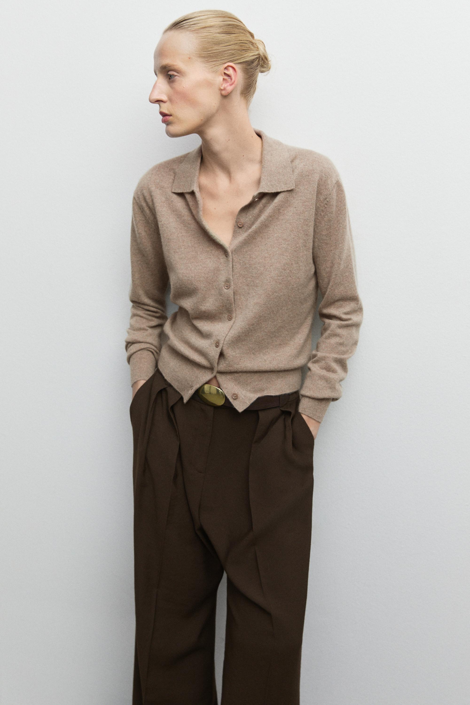 100% cashmere knit polo collar cardigan - MINK