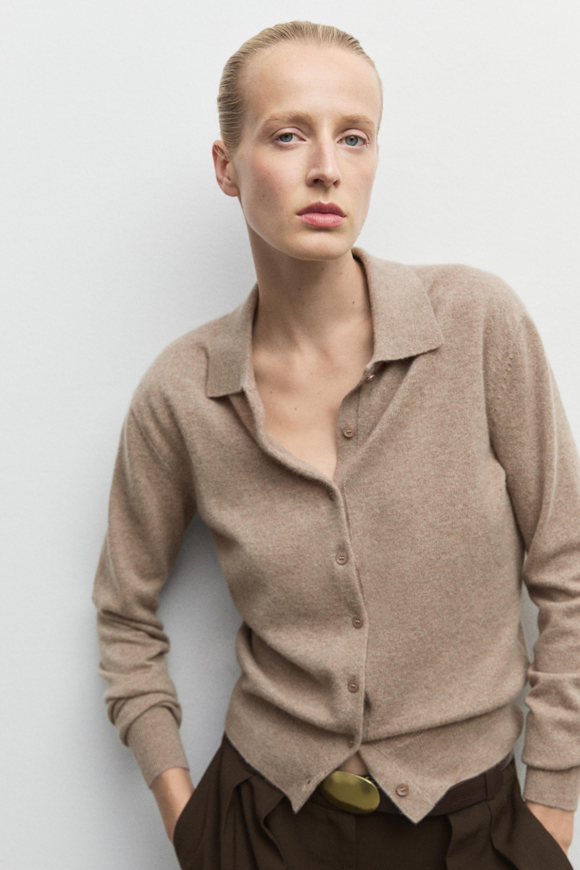 100% cashmere knit polo collar cardigan - MINK