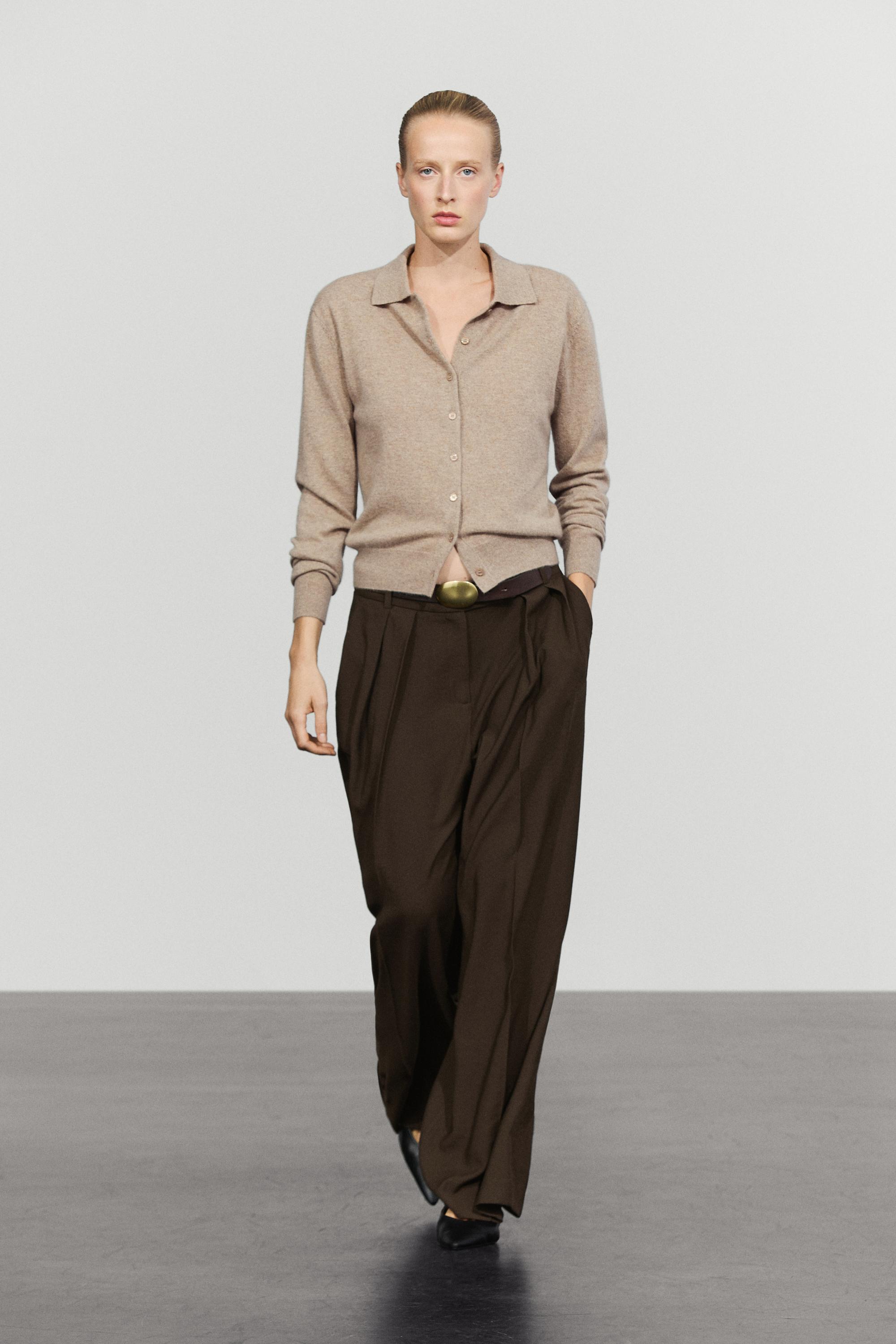 100% cashmere knit polo collar cardigan - MINK