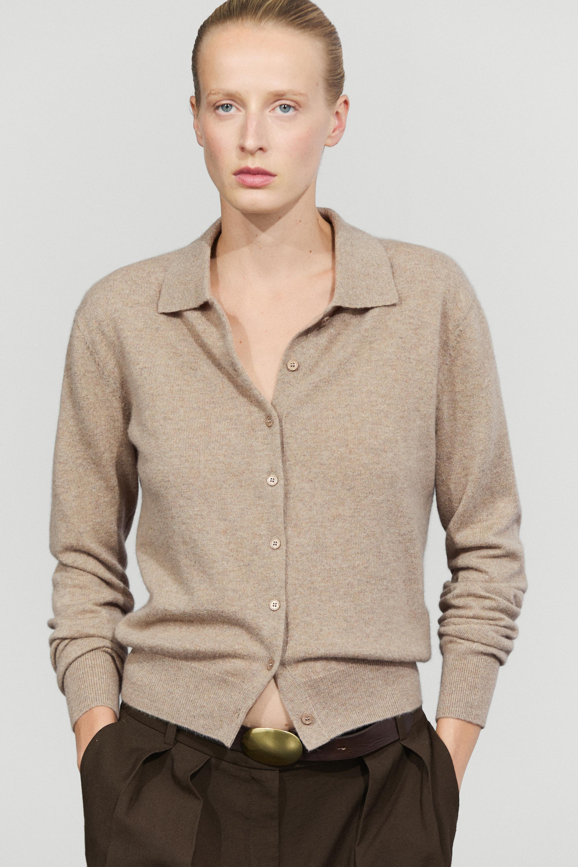 100% cashmere knit polo collar cardigan - MINK