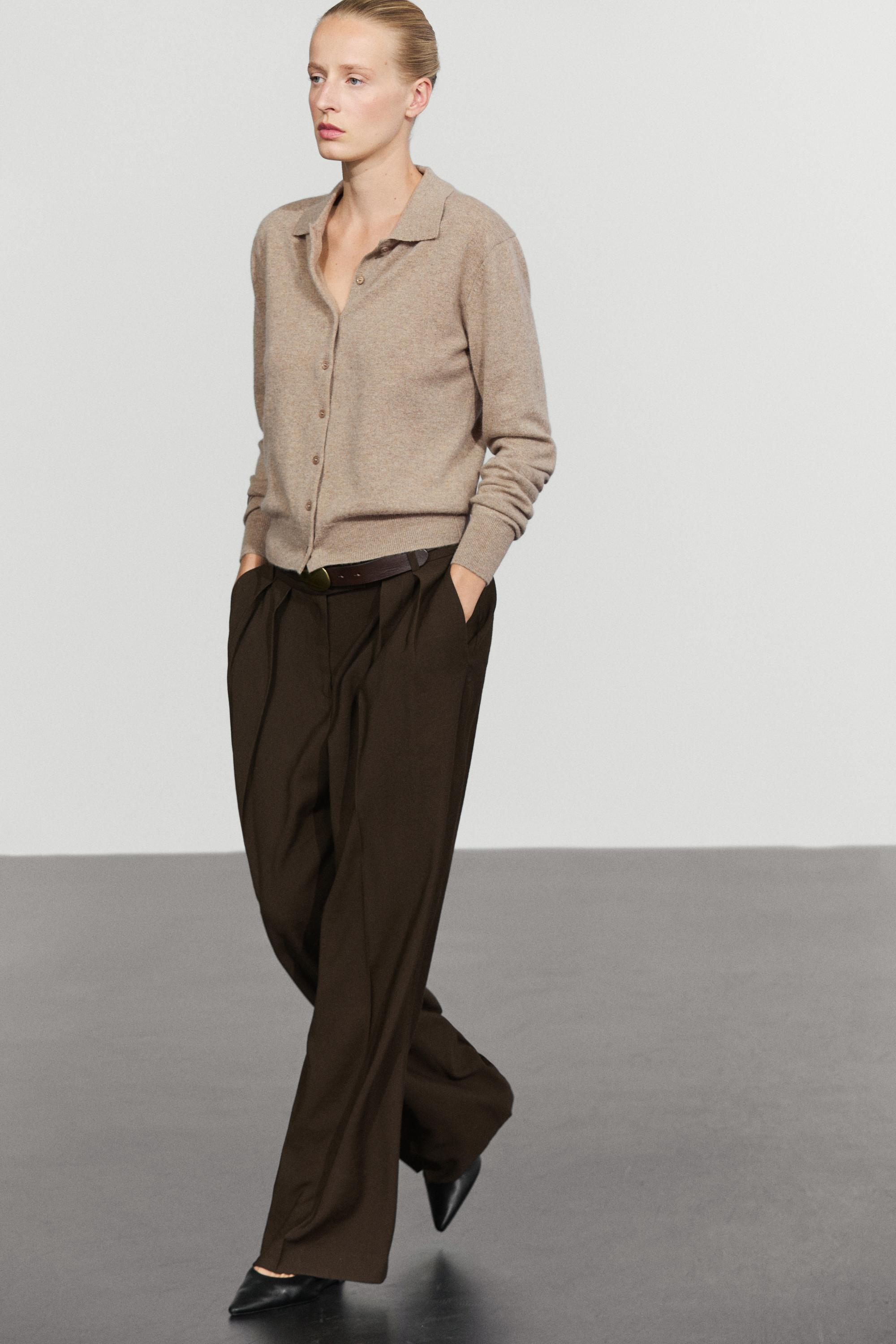 100% cashmere knit polo collar cardigan - MINK