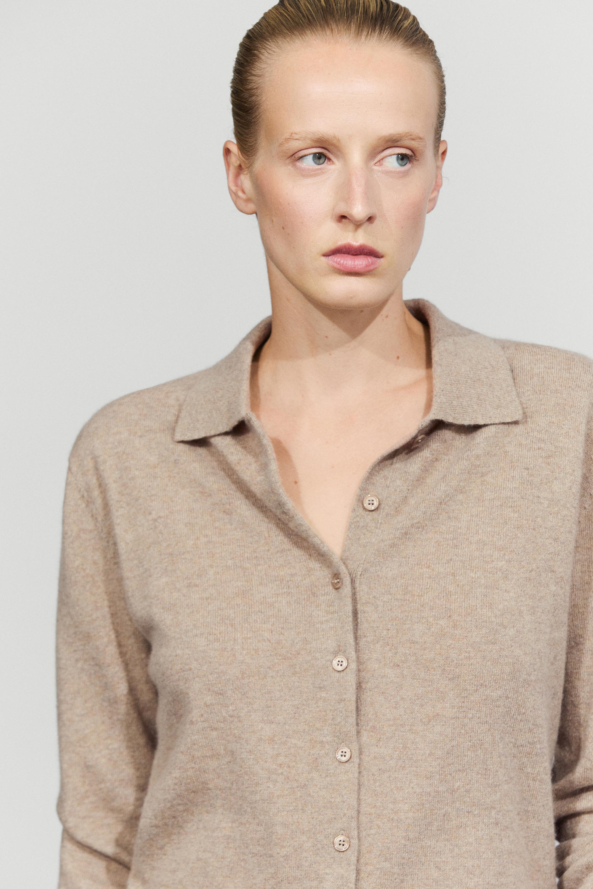 100% cashmere knit polo collar cardigan - MINK