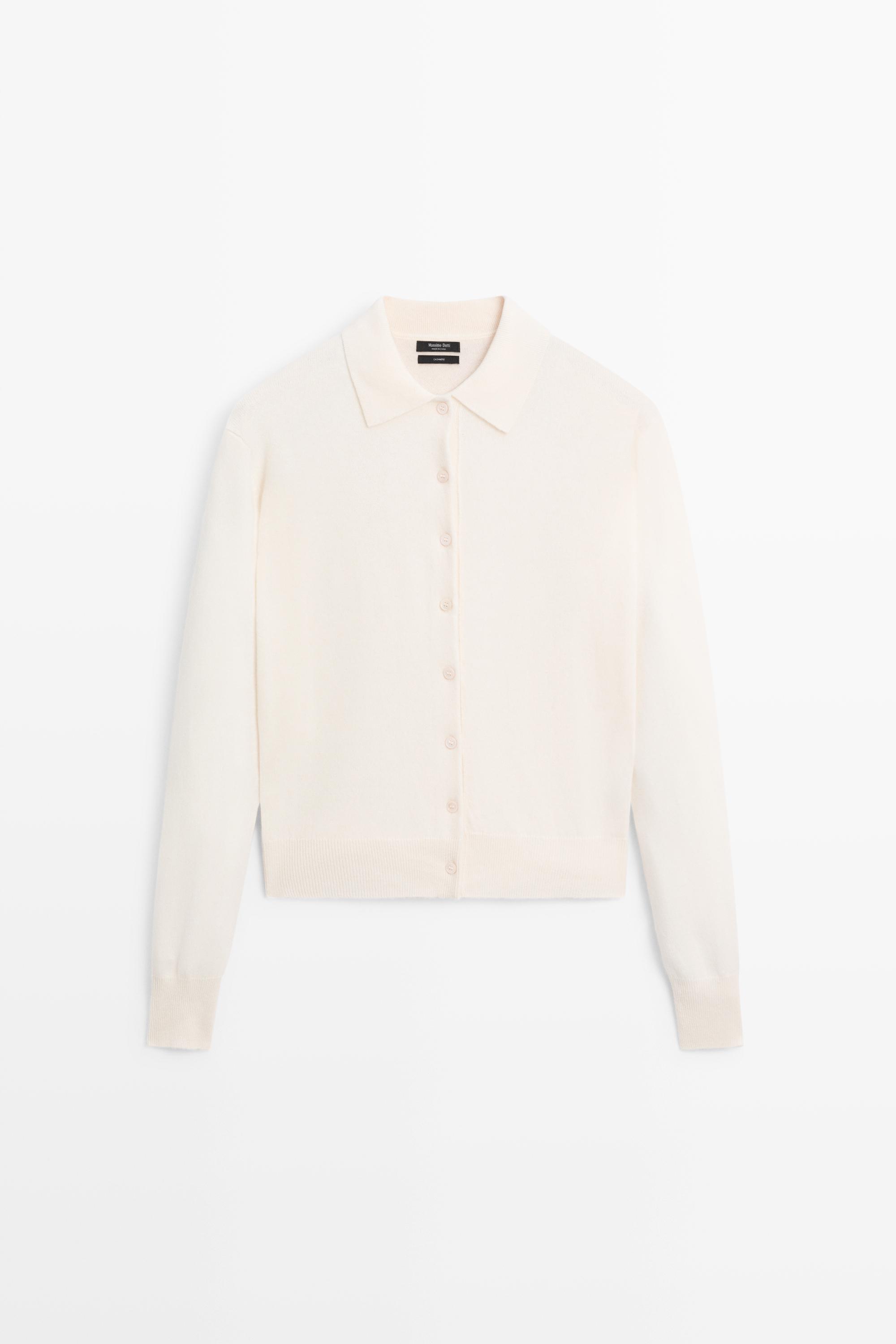 100% cashmere knit polo collar cardigan - CREAM