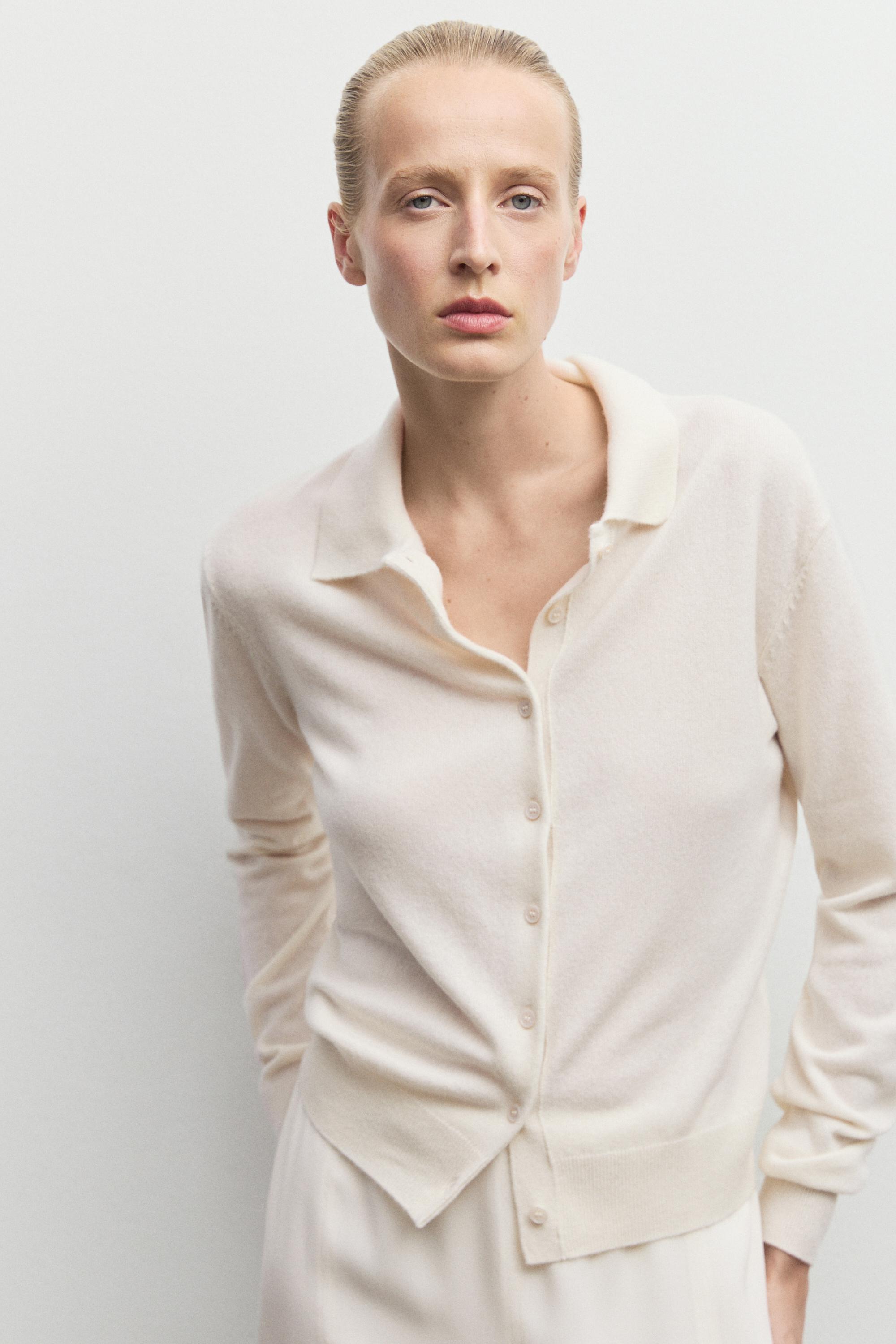 100% cashmere knit polo collar cardigan - CREAM