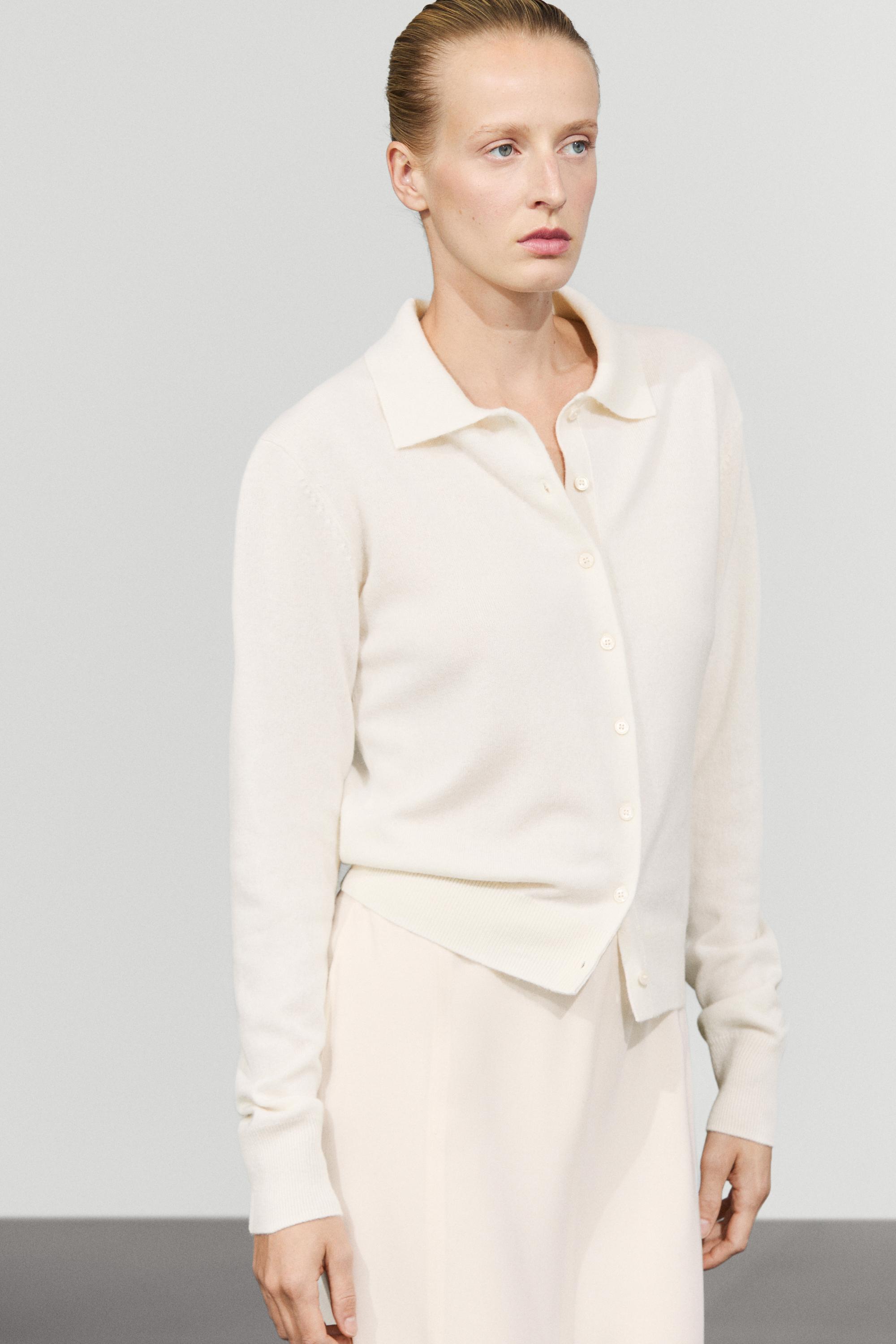 100% cashmere knit polo collar cardigan - CREAM