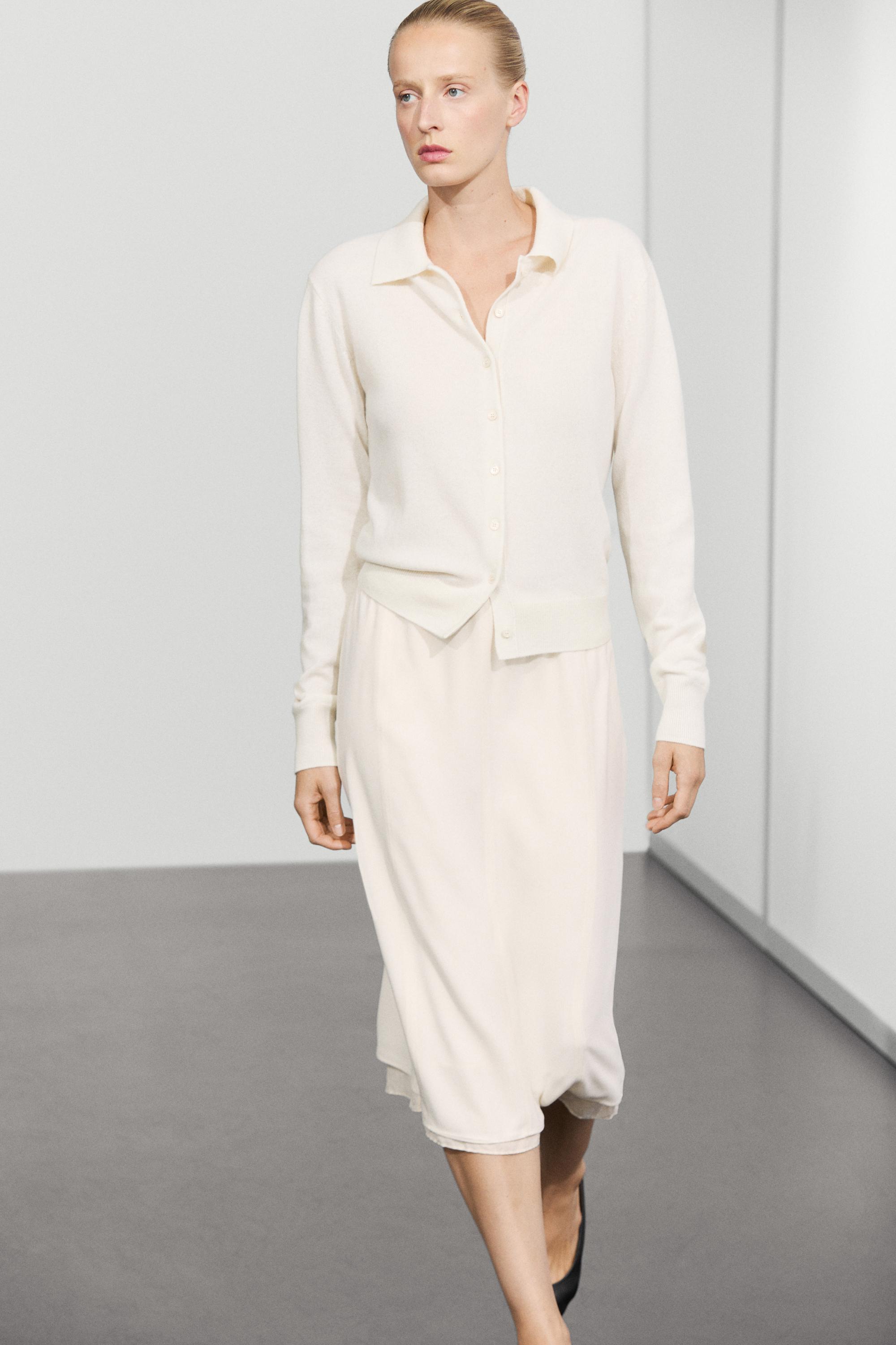 100% cashmere knit polo collar cardigan - CREAM