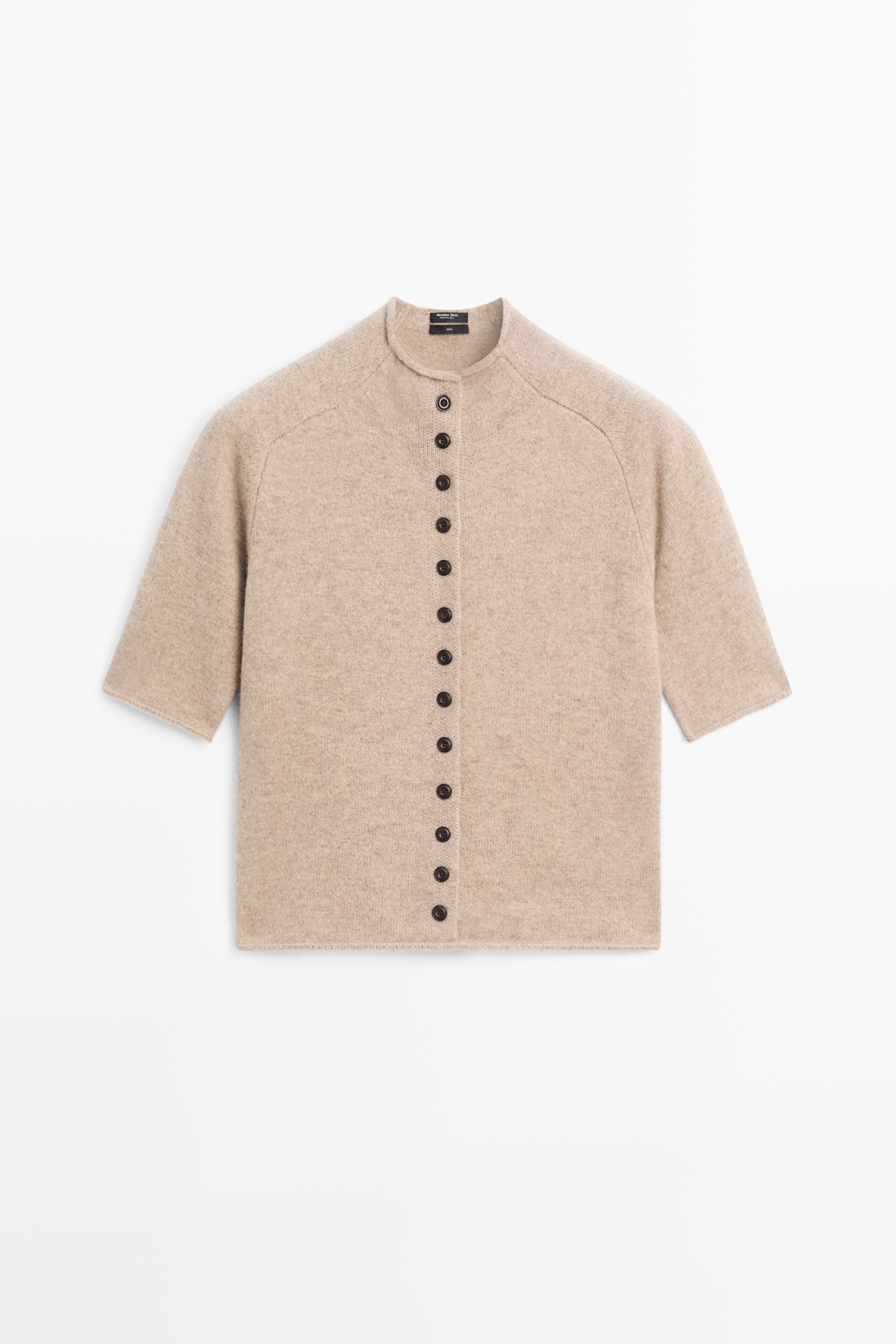 100% wool funnel neck knit cardigan - BEIGE MARL
