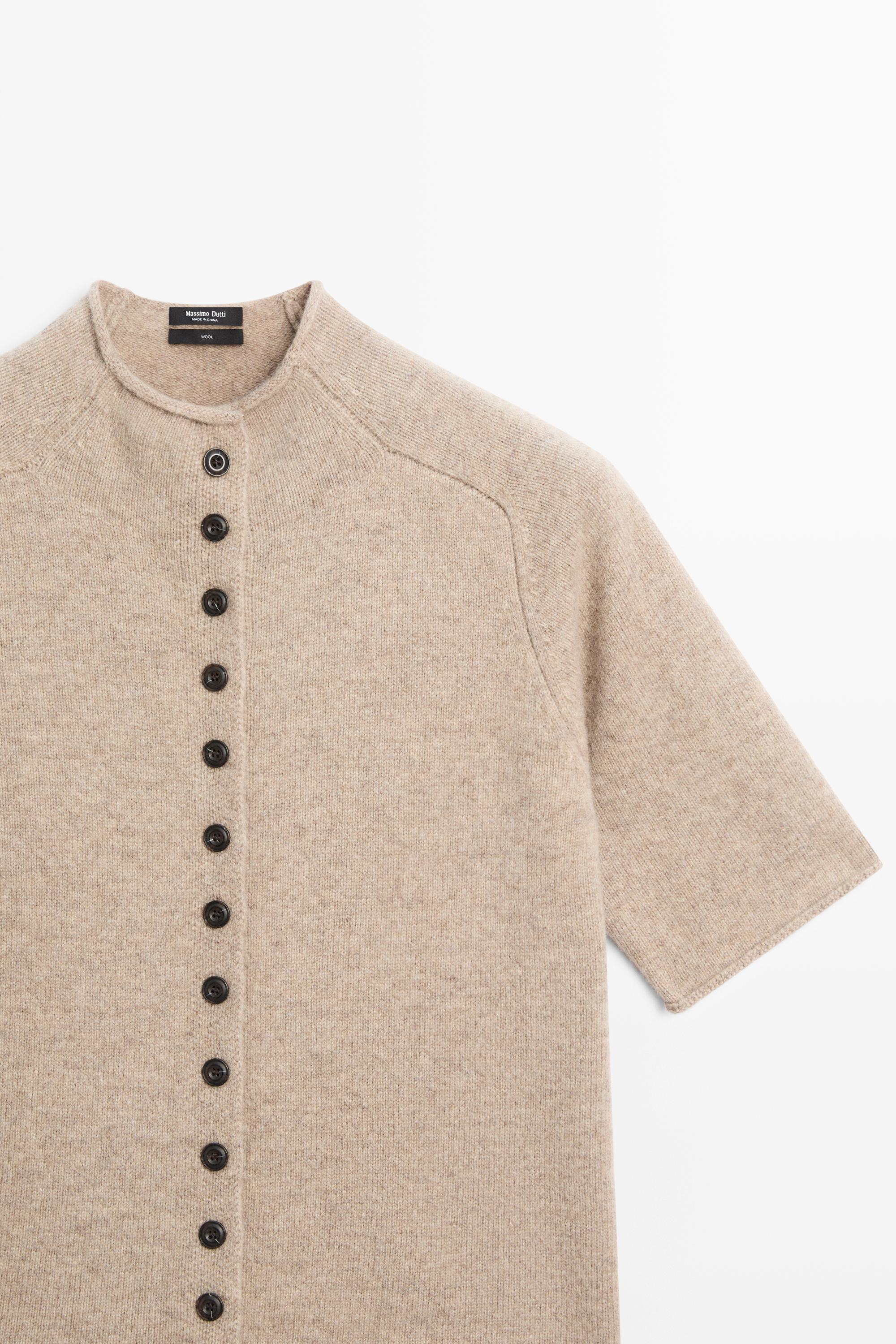 100% wool funnel neck knit cardigan - BEIGE MARL