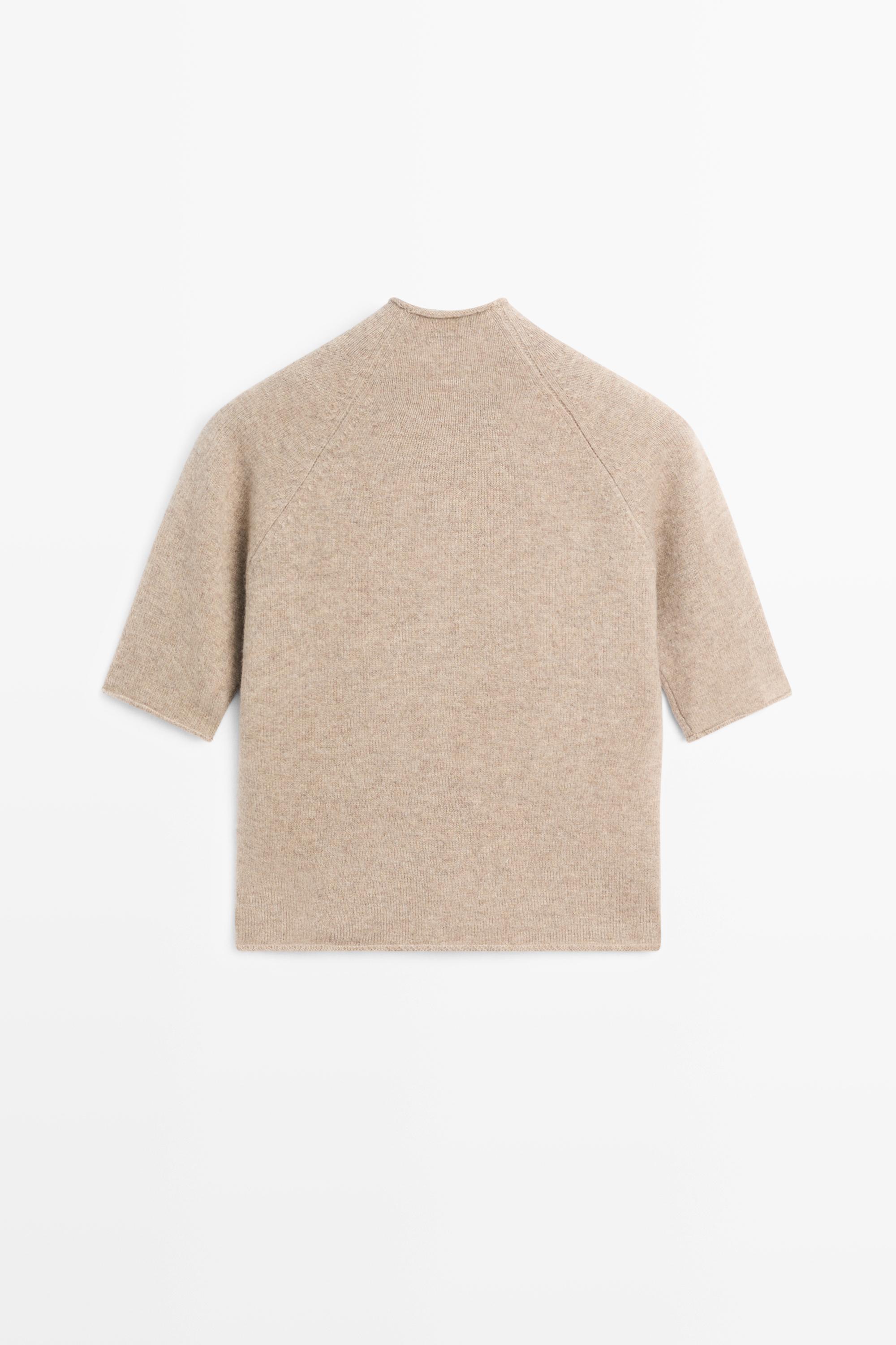 100% wool funnel neck knit cardigan - BEIGE MARL