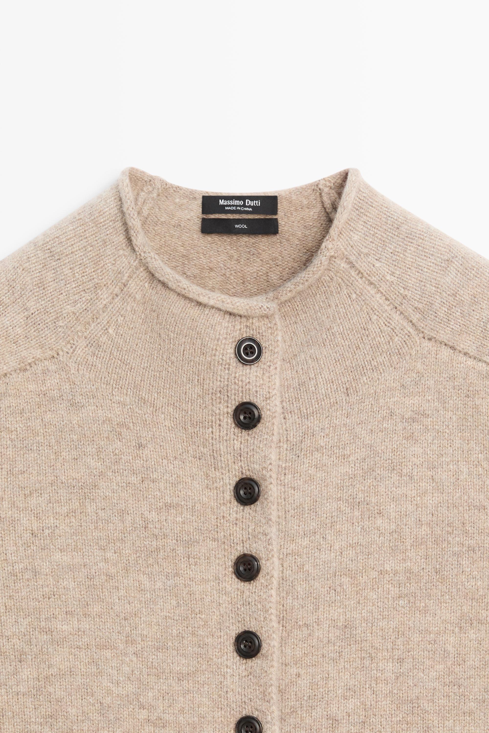 100% wool funnel neck knit cardigan - BEIGE MARL