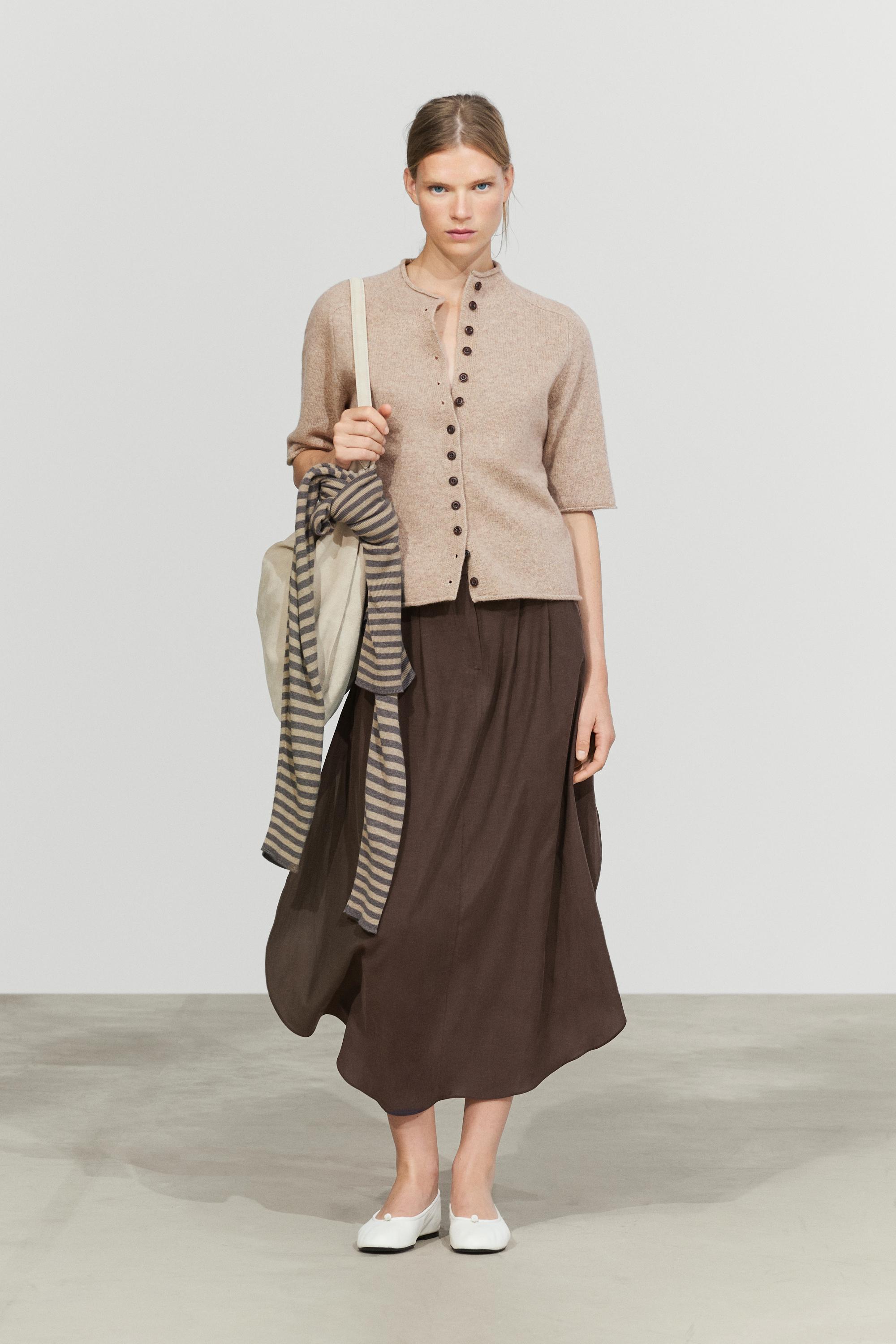 100% wool funnel neck knit cardigan - BEIGE MARL