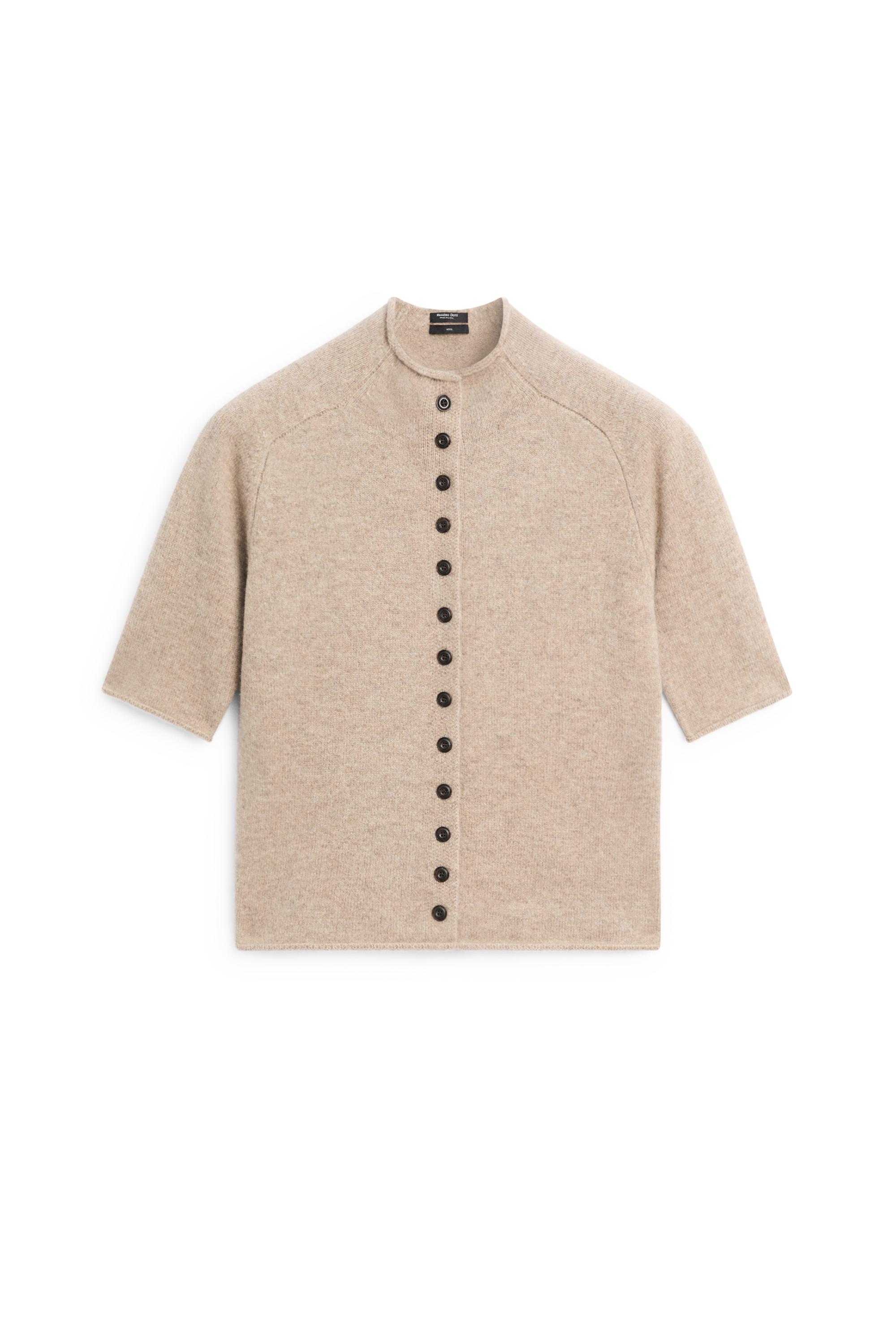 100% wool funnel neck knit cardigan - BEIGE MARL