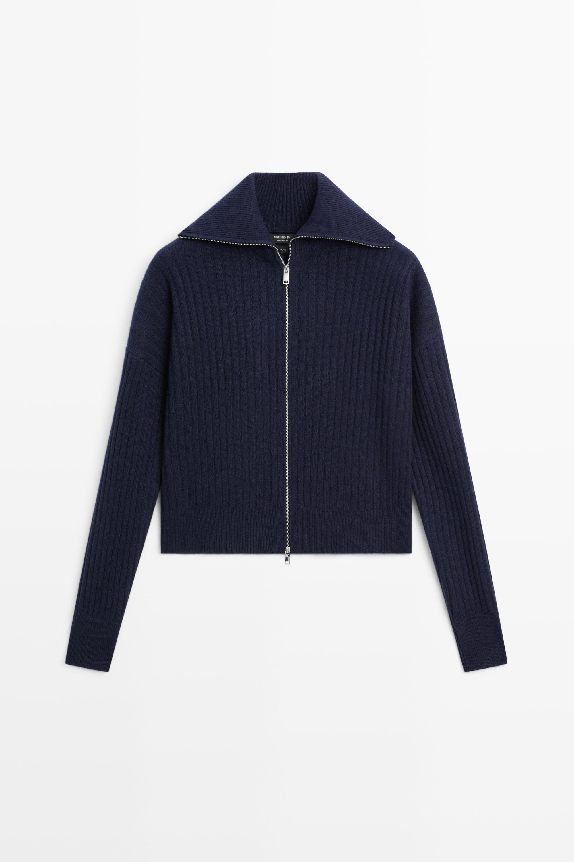 100% wool knit zip-up cardigan - INK BLUE