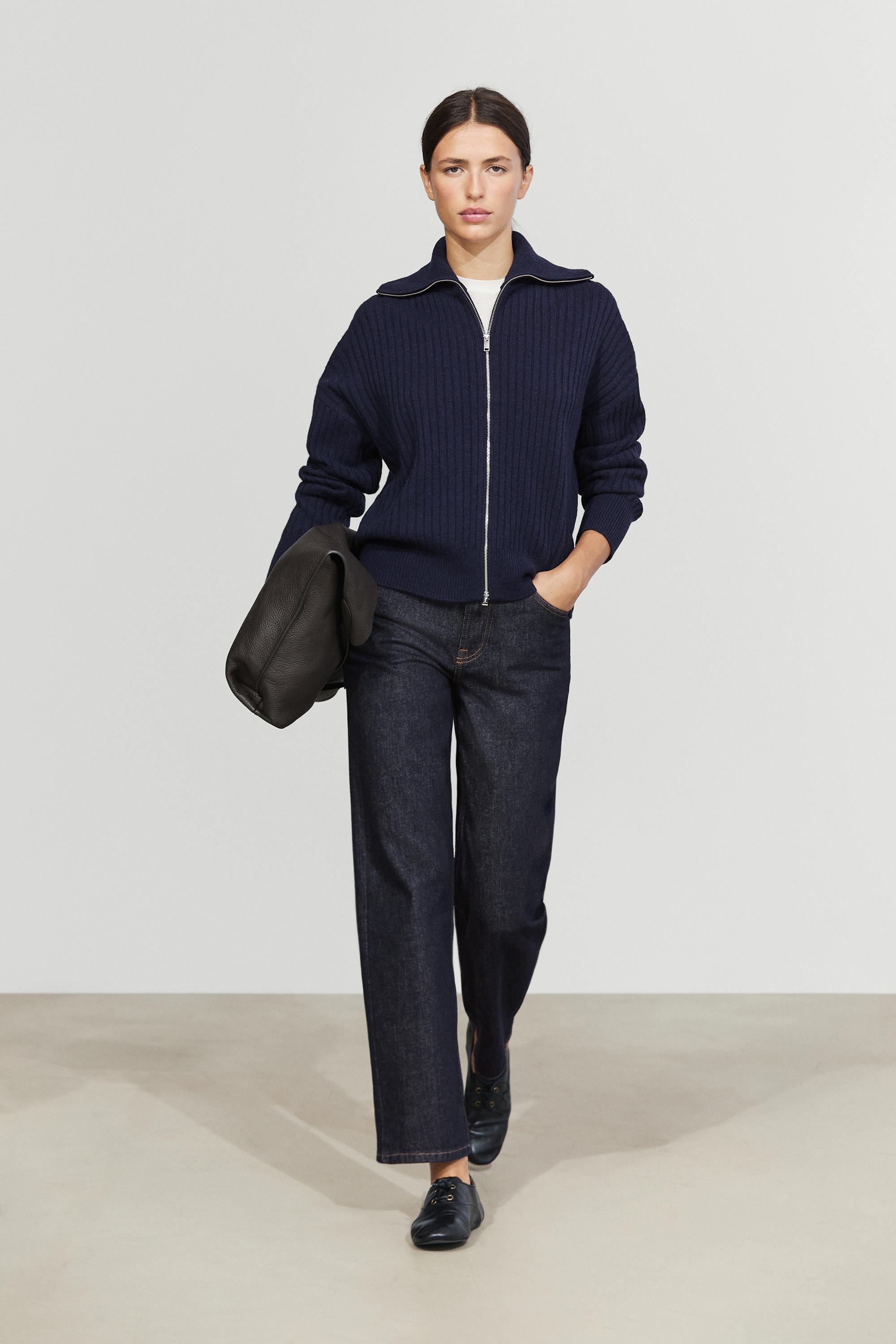 100% wool knit zip-up cardigan - INK BLUE