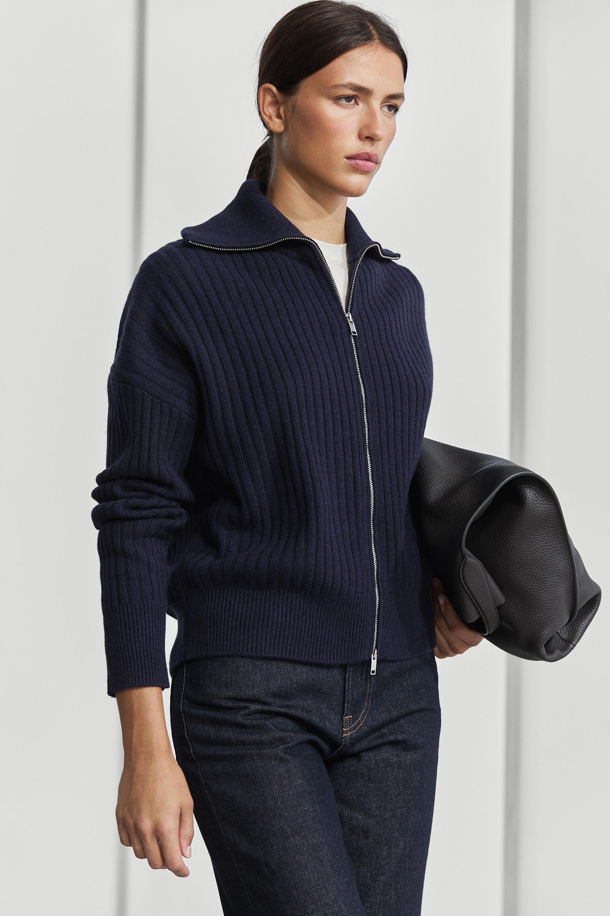 100% wool knit zip-up cardigan - INK BLUE