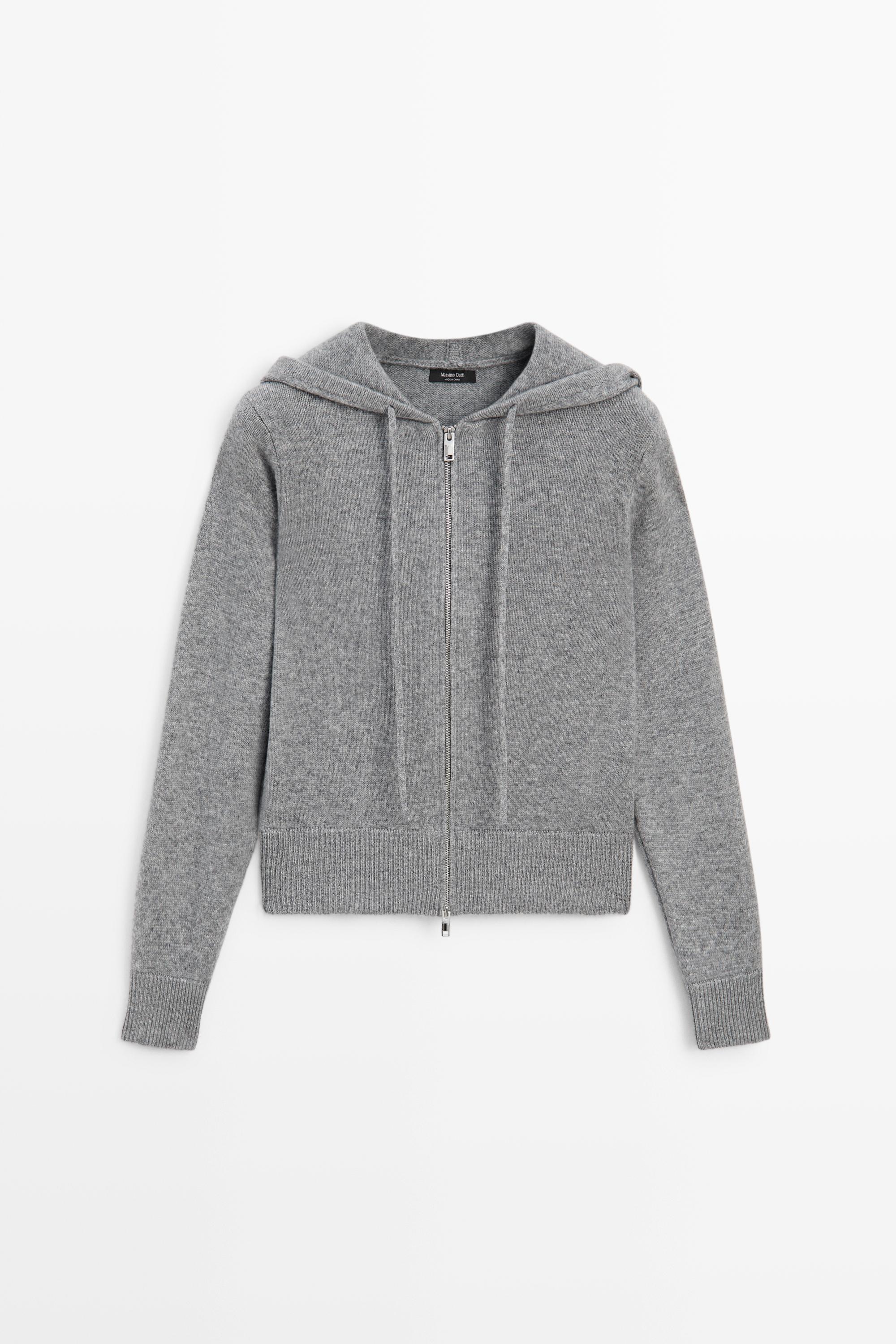 Wool blend hooded knit cardigan - MEDIUM GREY