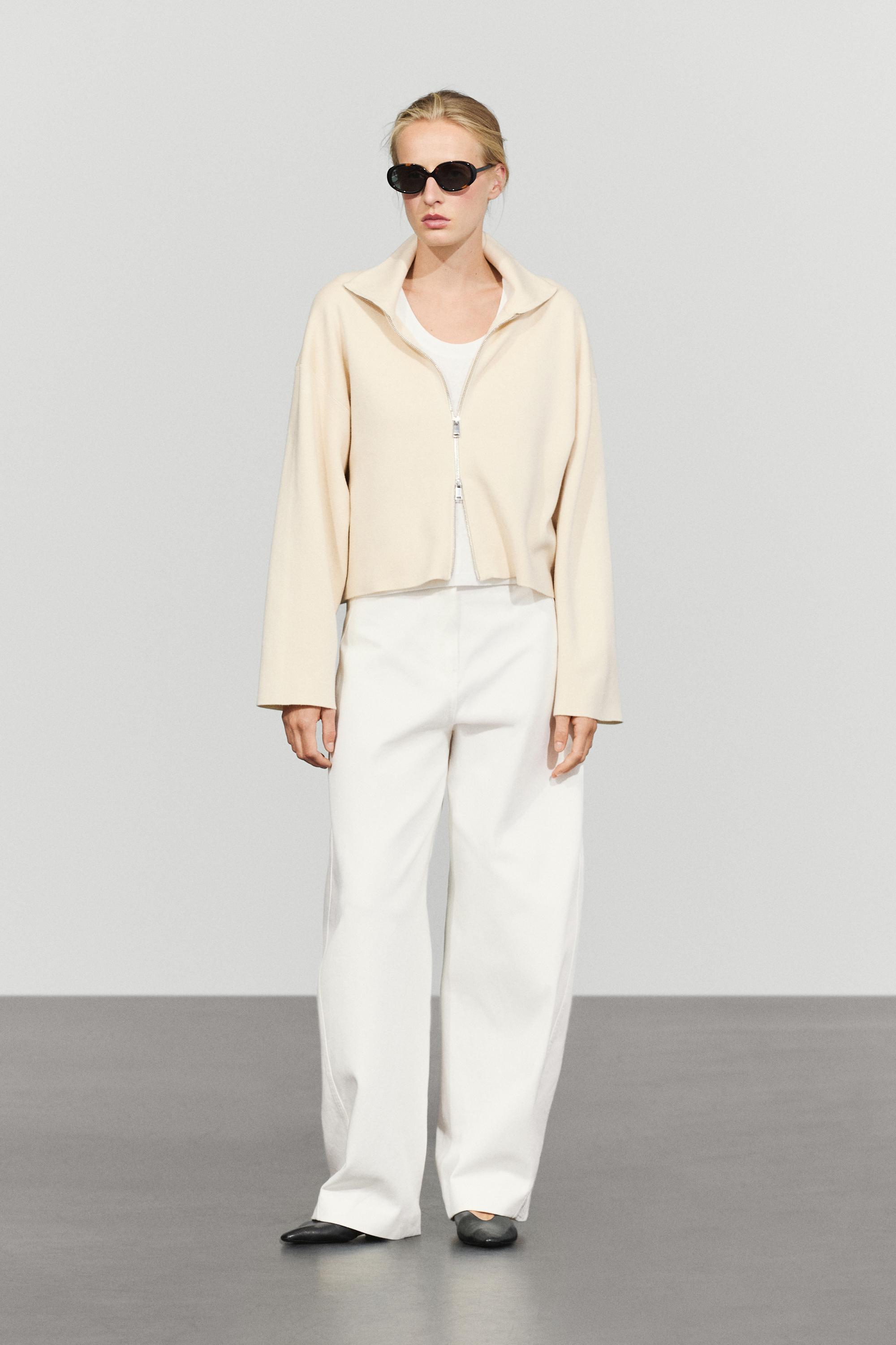 Cotton knit zip-up jacket - Vanilla