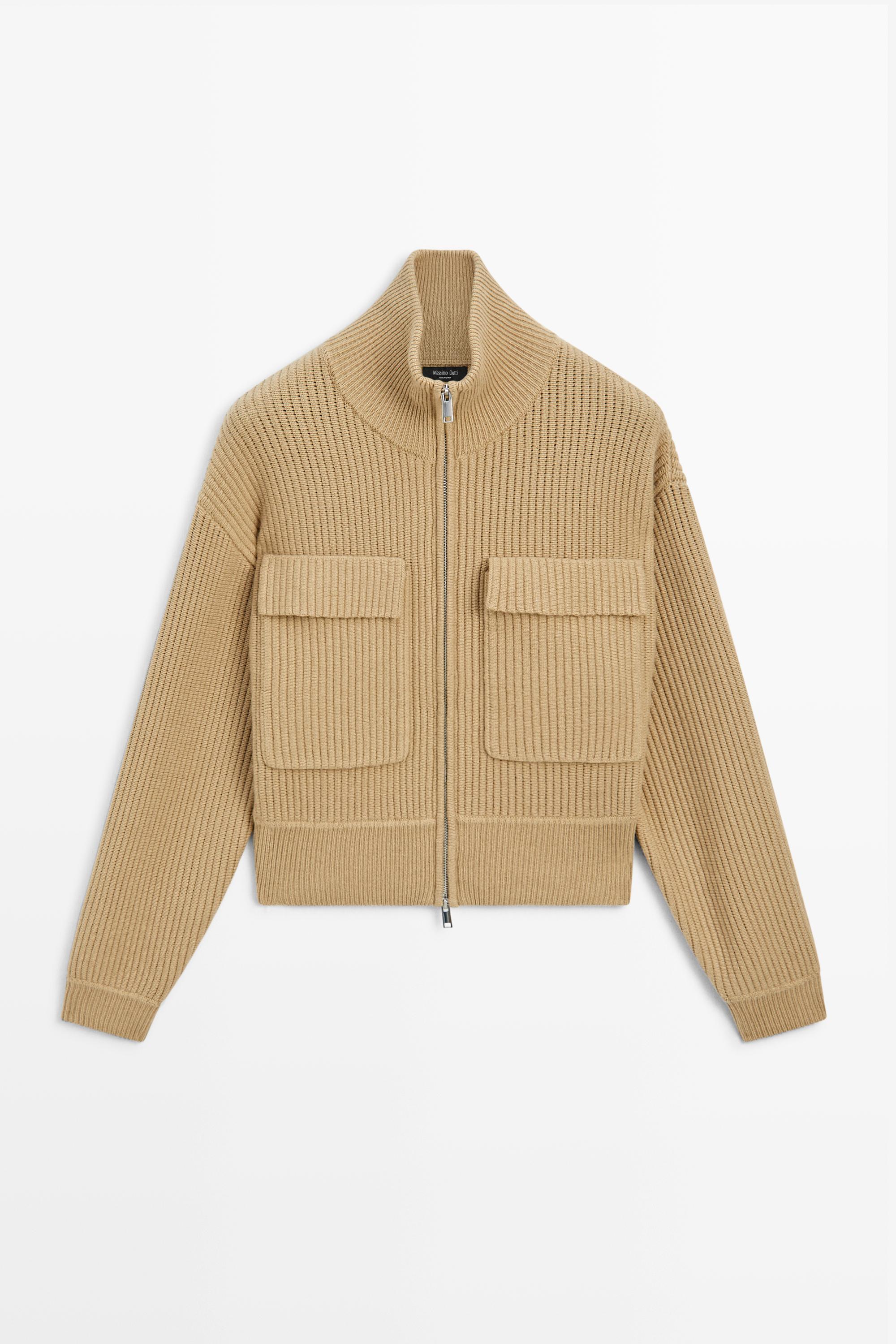 Zip-up knit cardigan with cotton - CAMEL