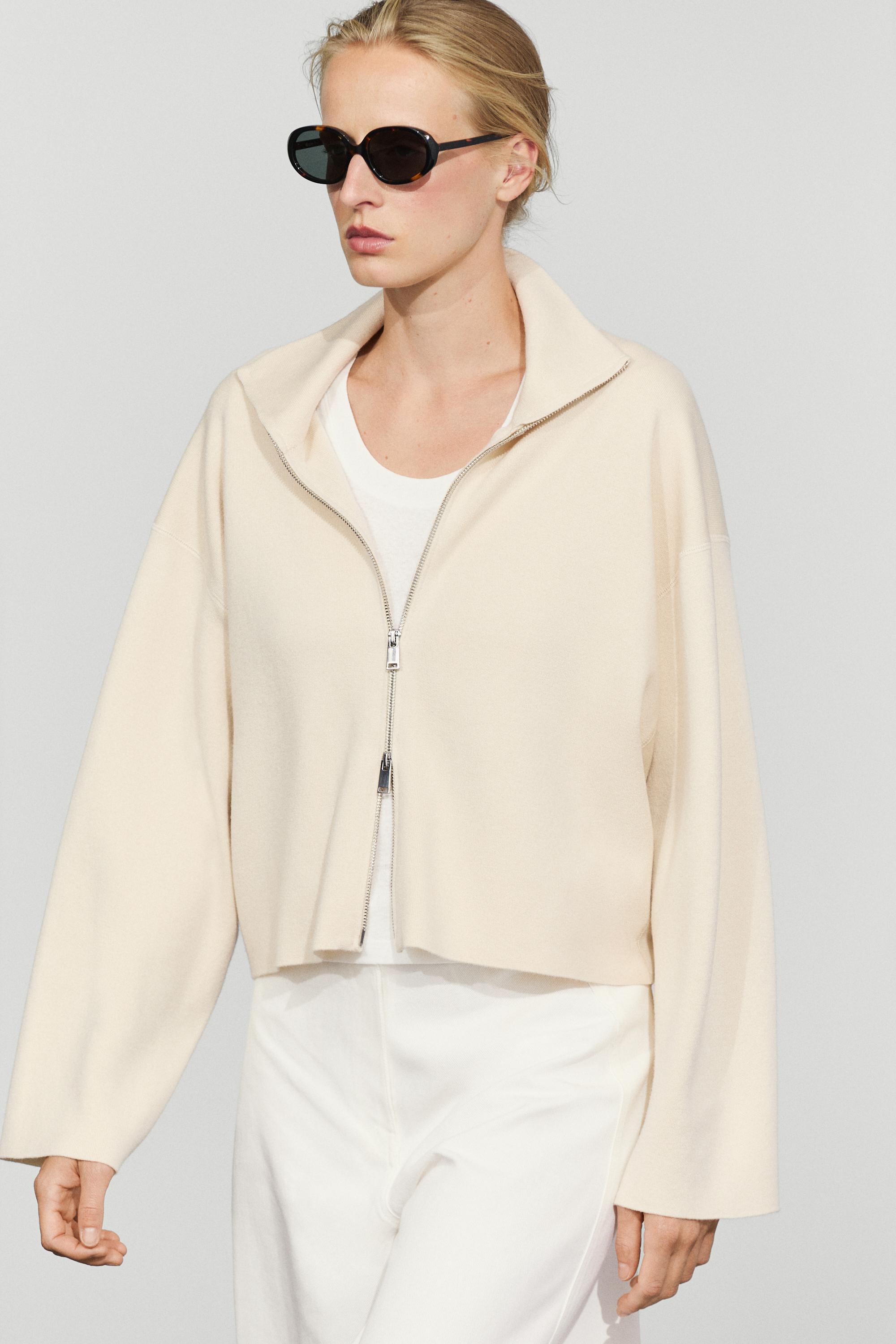 Cotton knit zip-up jacket - Vanilla