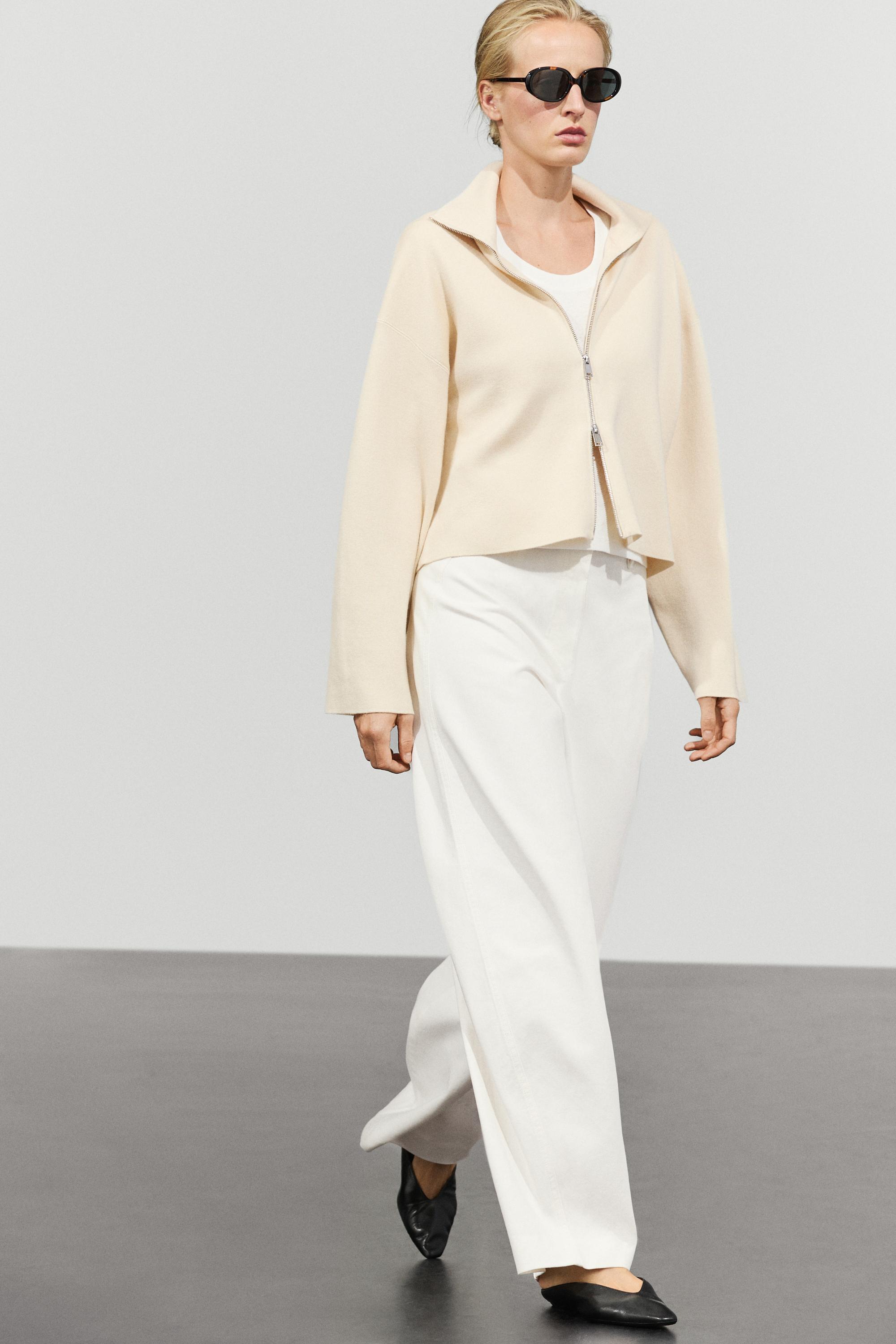 Cotton knit zip-up jacket - Vanilla
