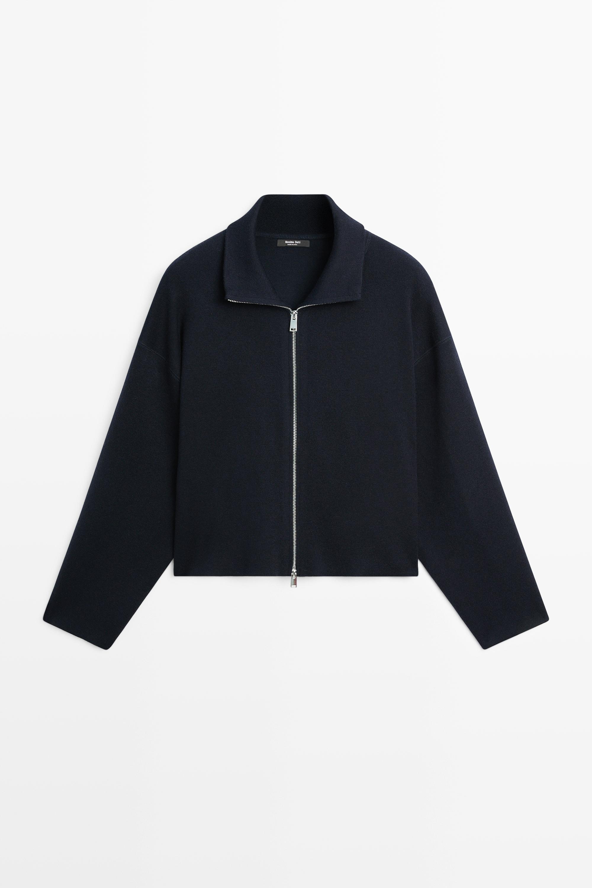 Cotton knit zip-up jacket - NAVY BLUE