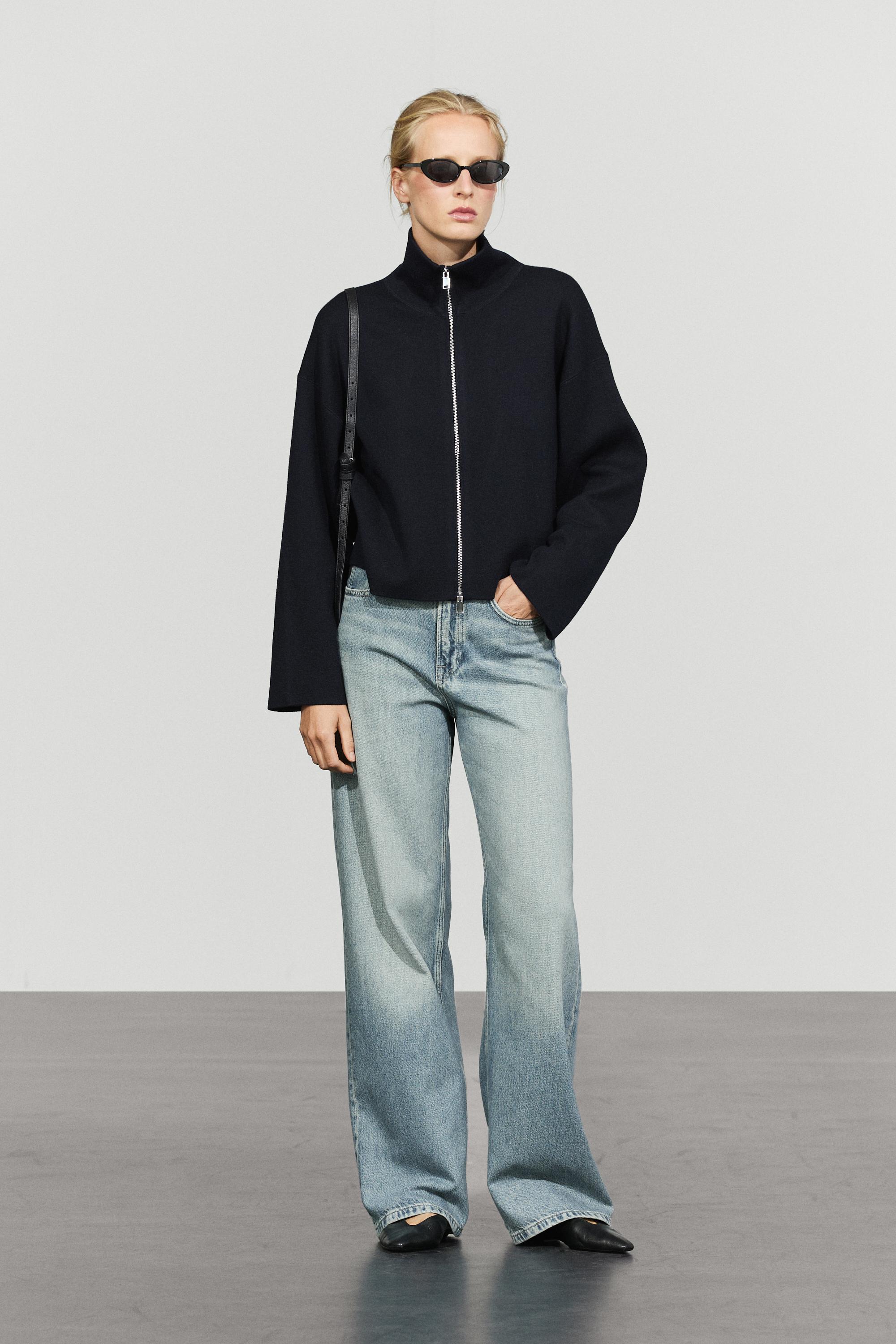 Cotton knit zip-up jacket - NAVY BLUE