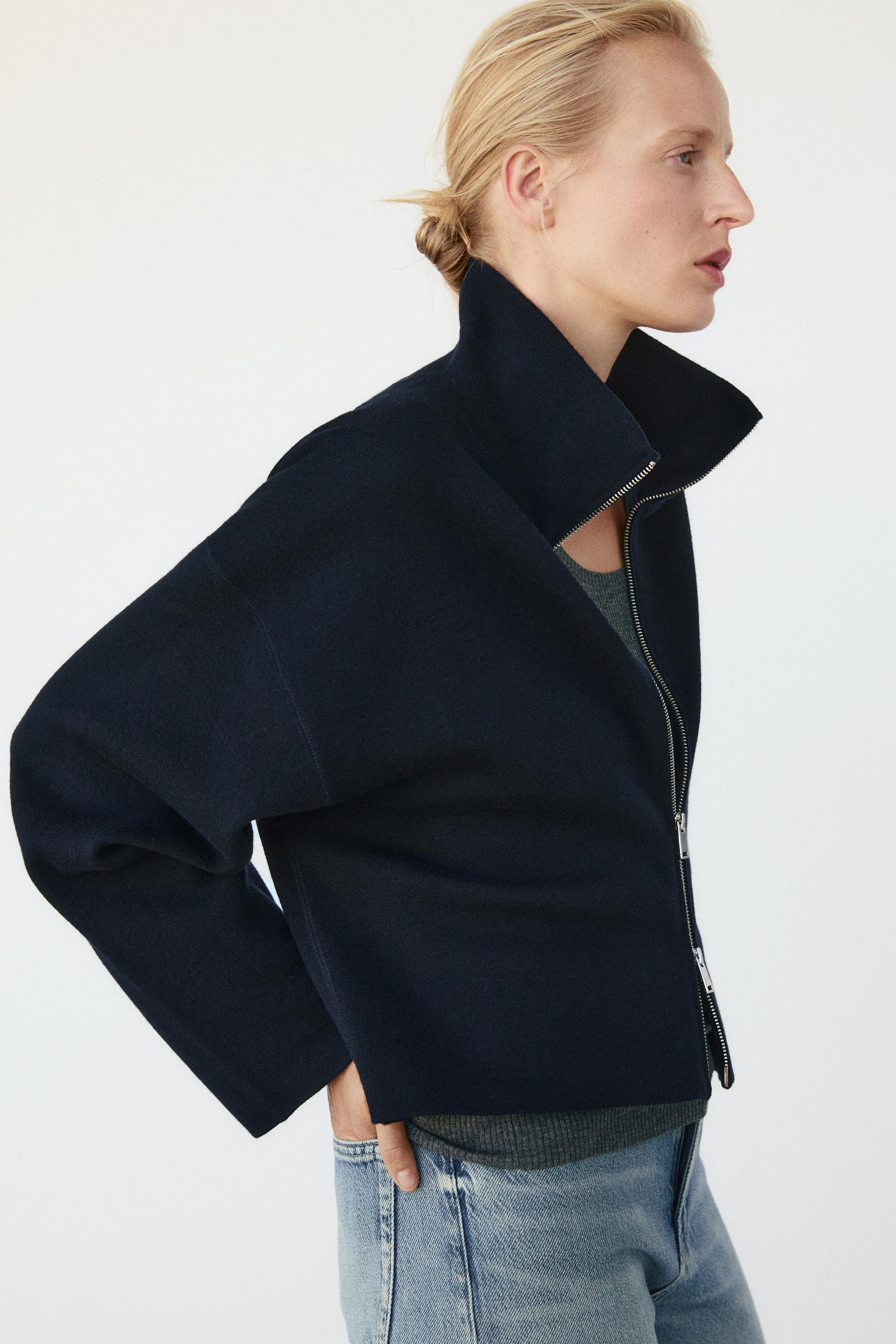 Cotton knit zip-up jacket - NAVY BLUE