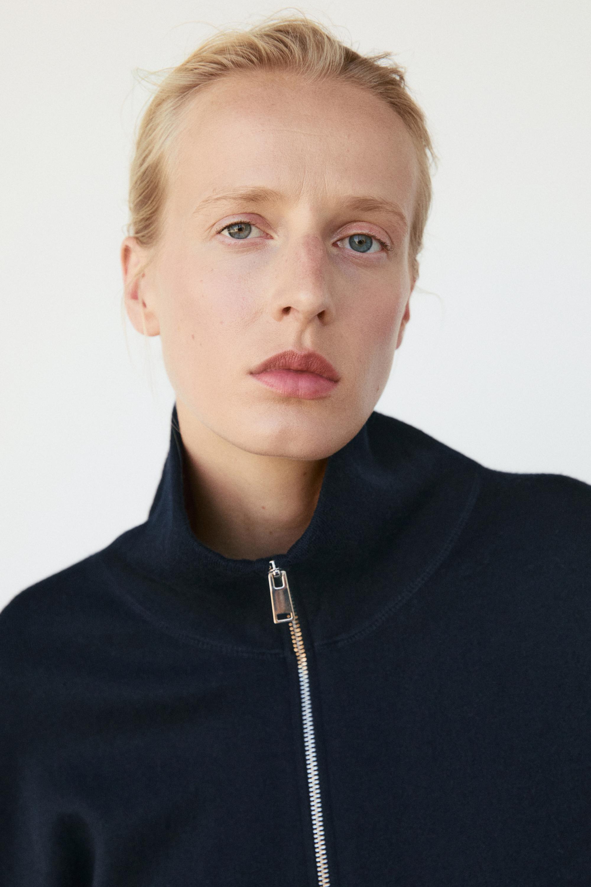 Cotton knit zip-up jacket - NAVY BLUE