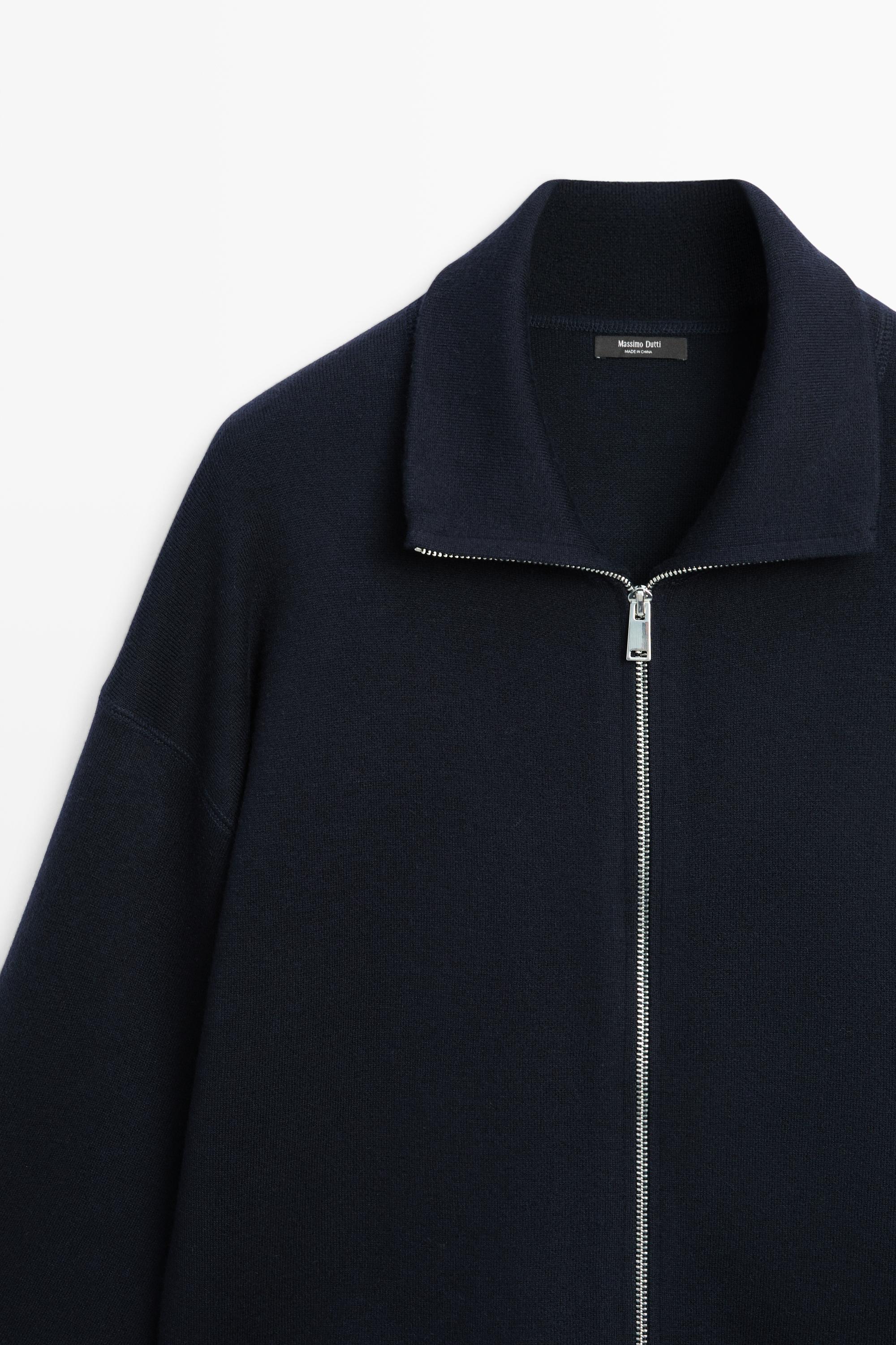 Cotton knit zip-up jacket - NAVY BLUE