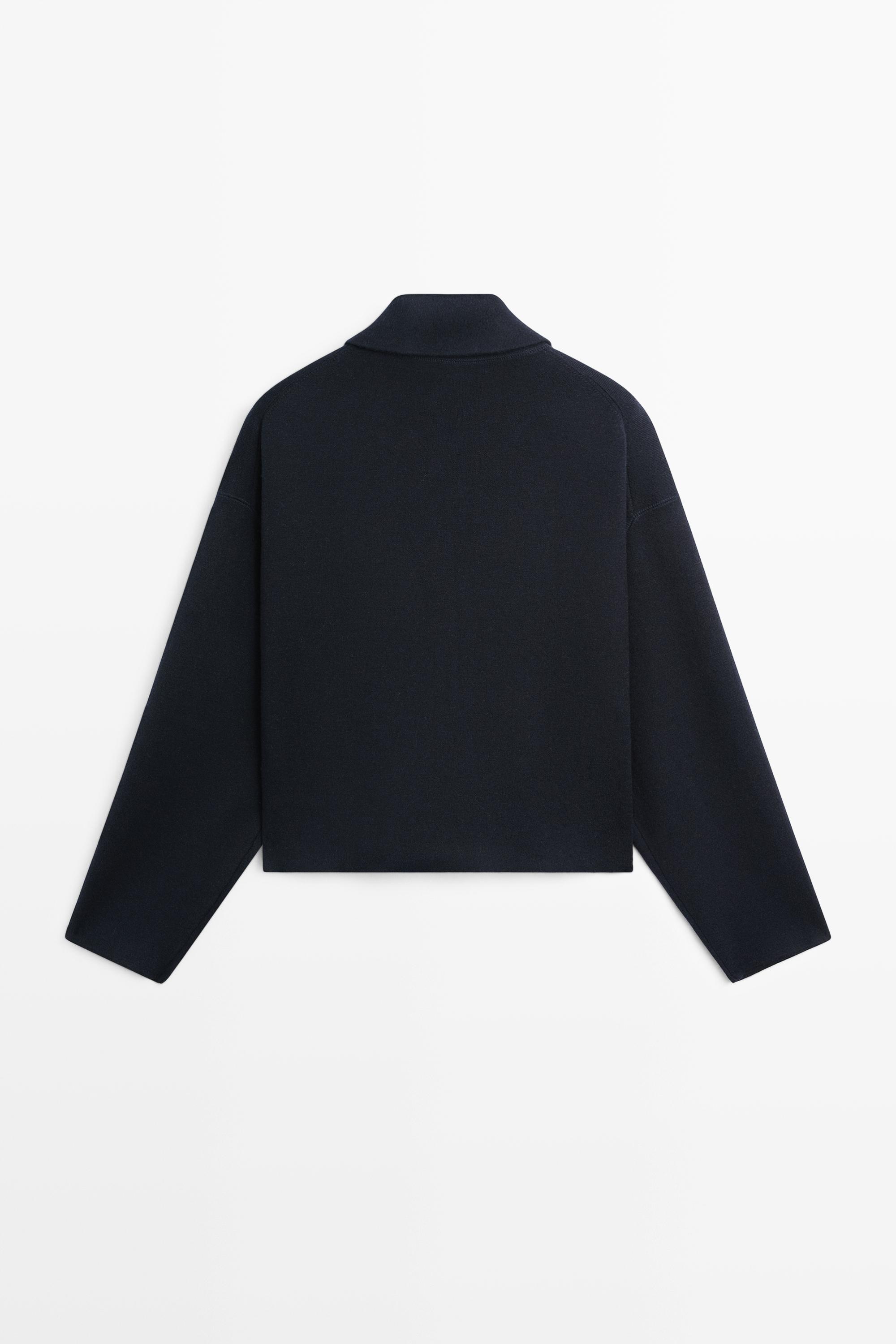 Cotton knit zip-up jacket - NAVY BLUE