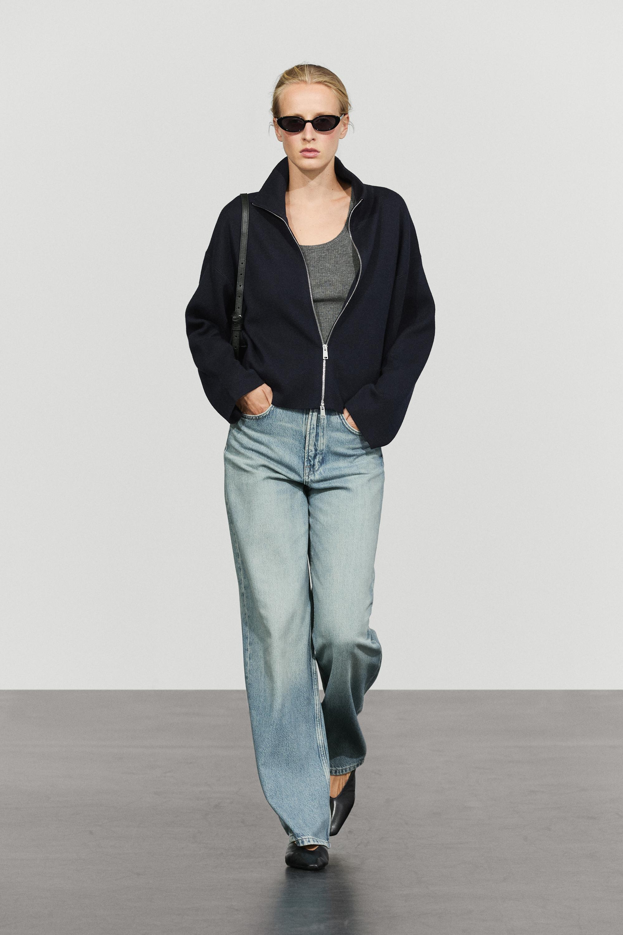 Cotton knit zip-up jacket - NAVY BLUE