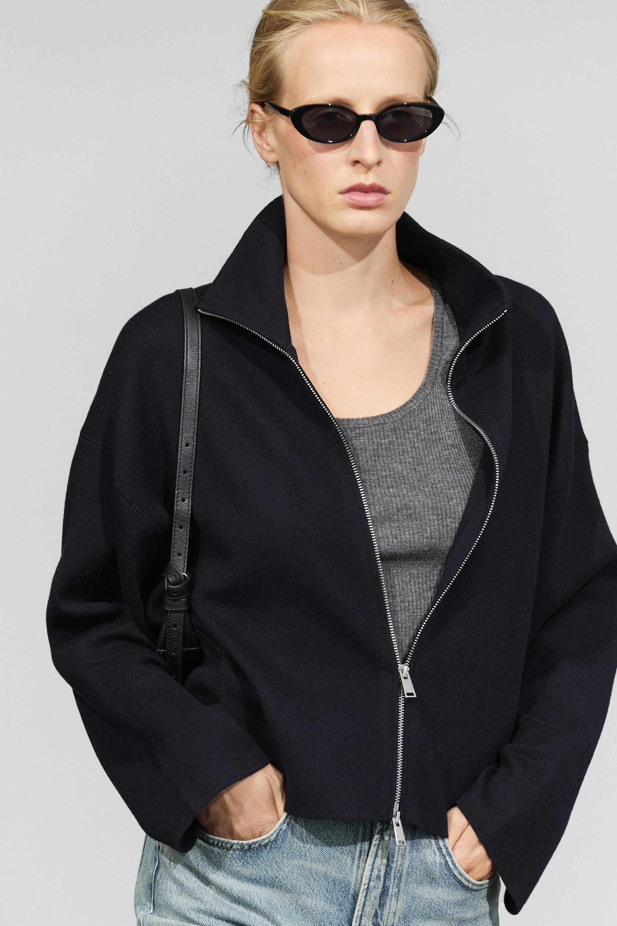 Cotton knit zip-up jacket - NAVY BLUE