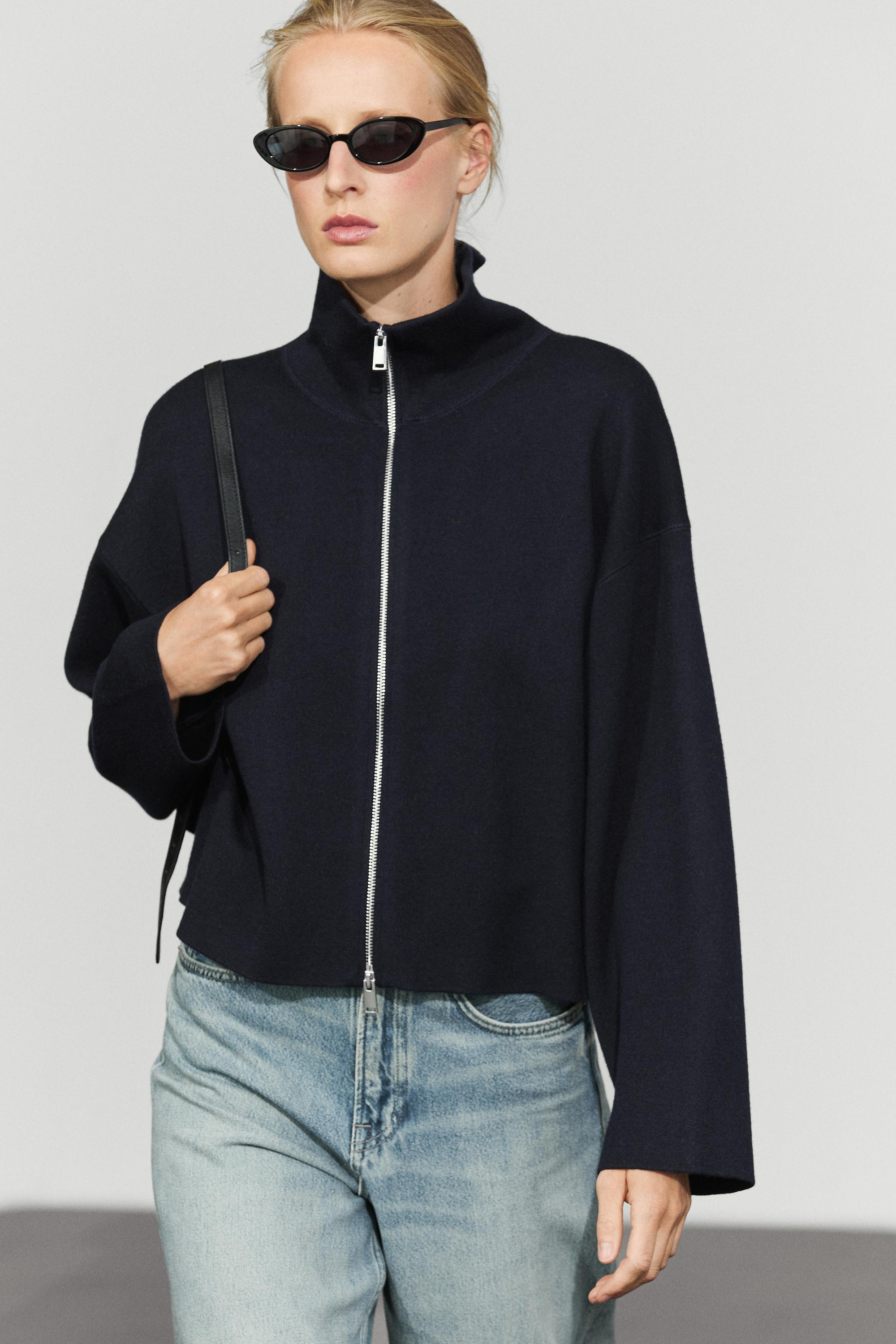 Cotton knit zip-up jacket - NAVY BLUE
