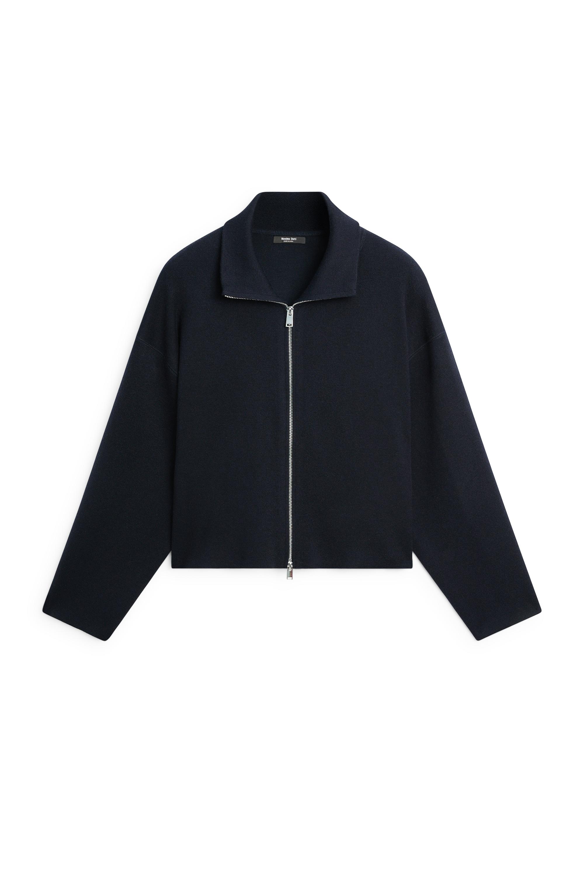 Cotton knit zip-up jacket - NAVY BLUE