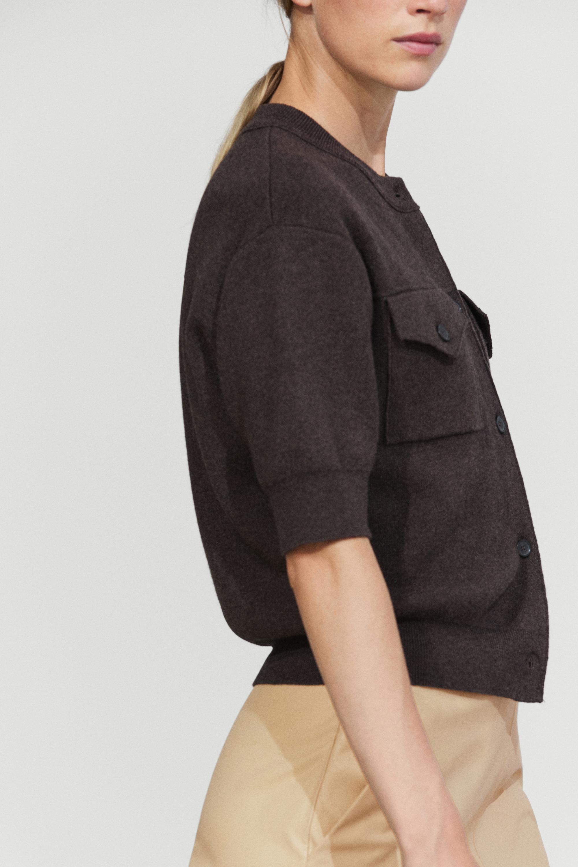 Short sleeve knit cardigan with pockets - BROWN