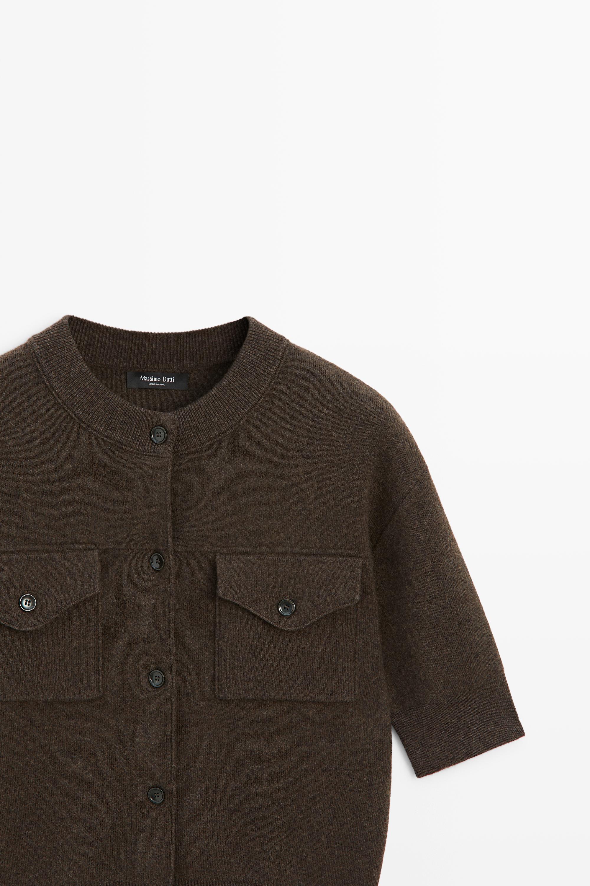 Short sleeve knit cardigan with pockets - BROWN