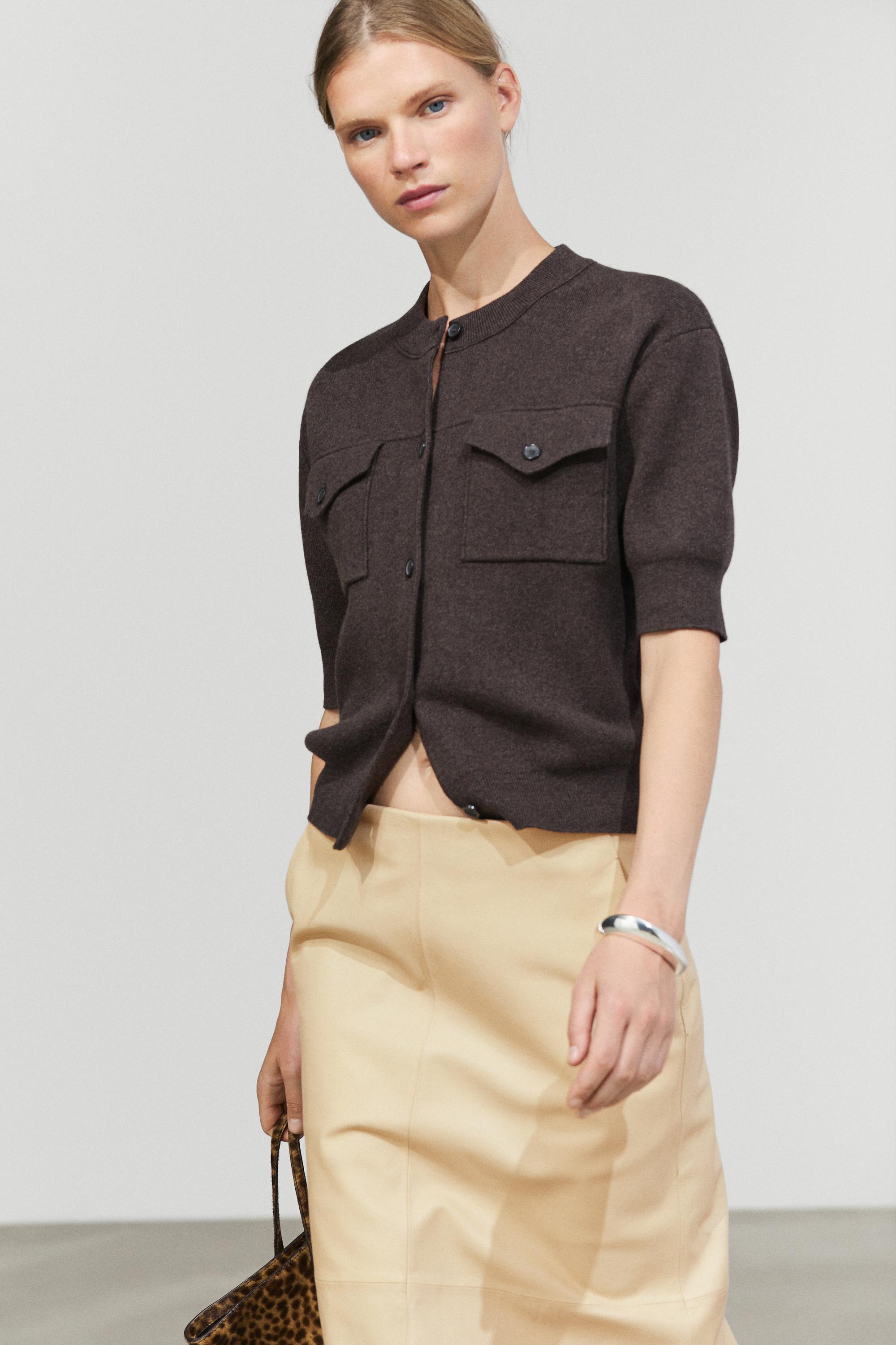 Short sleeve knit cardigan with pockets - BROWN