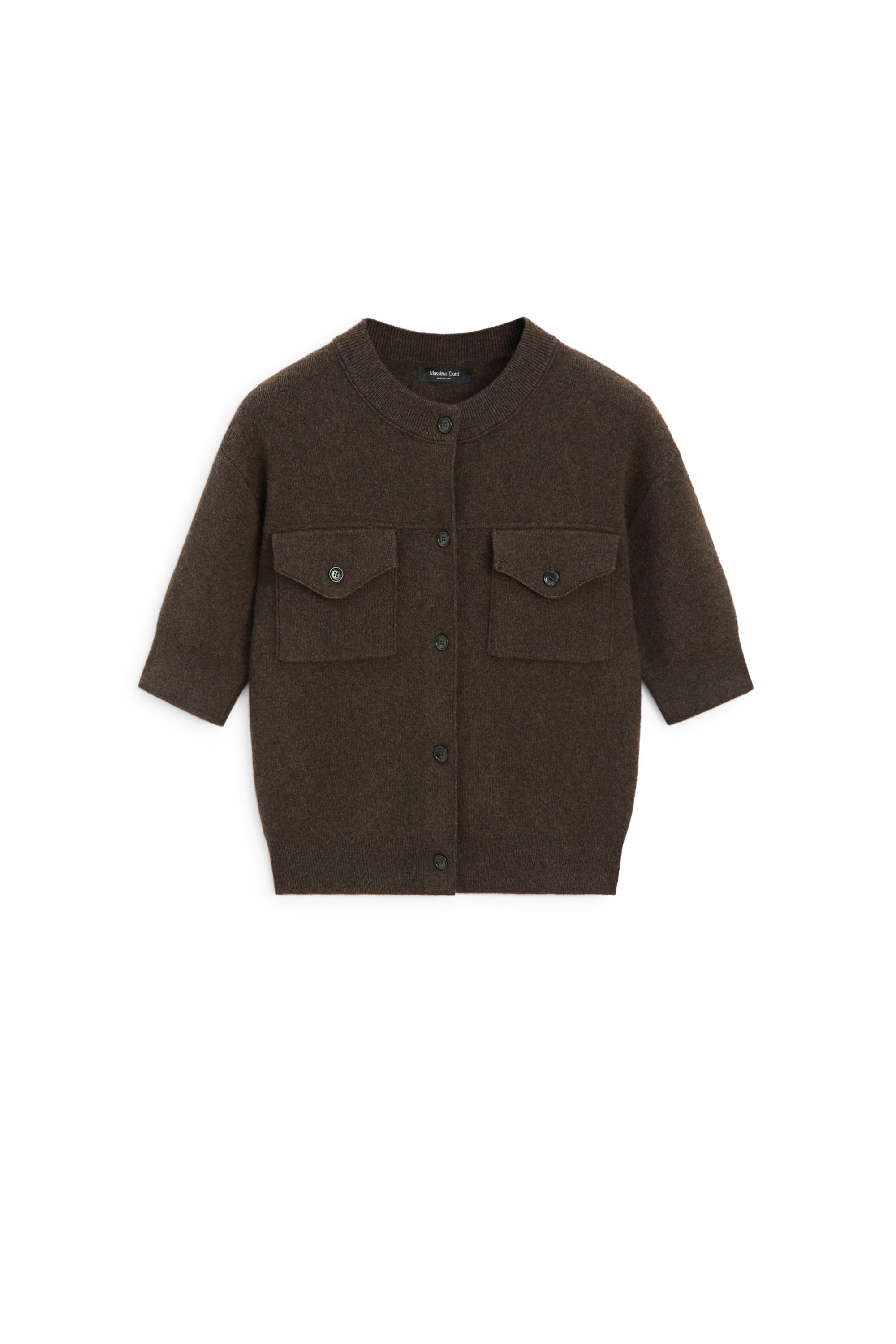 Short sleeve knit cardigan with pockets - BROWN