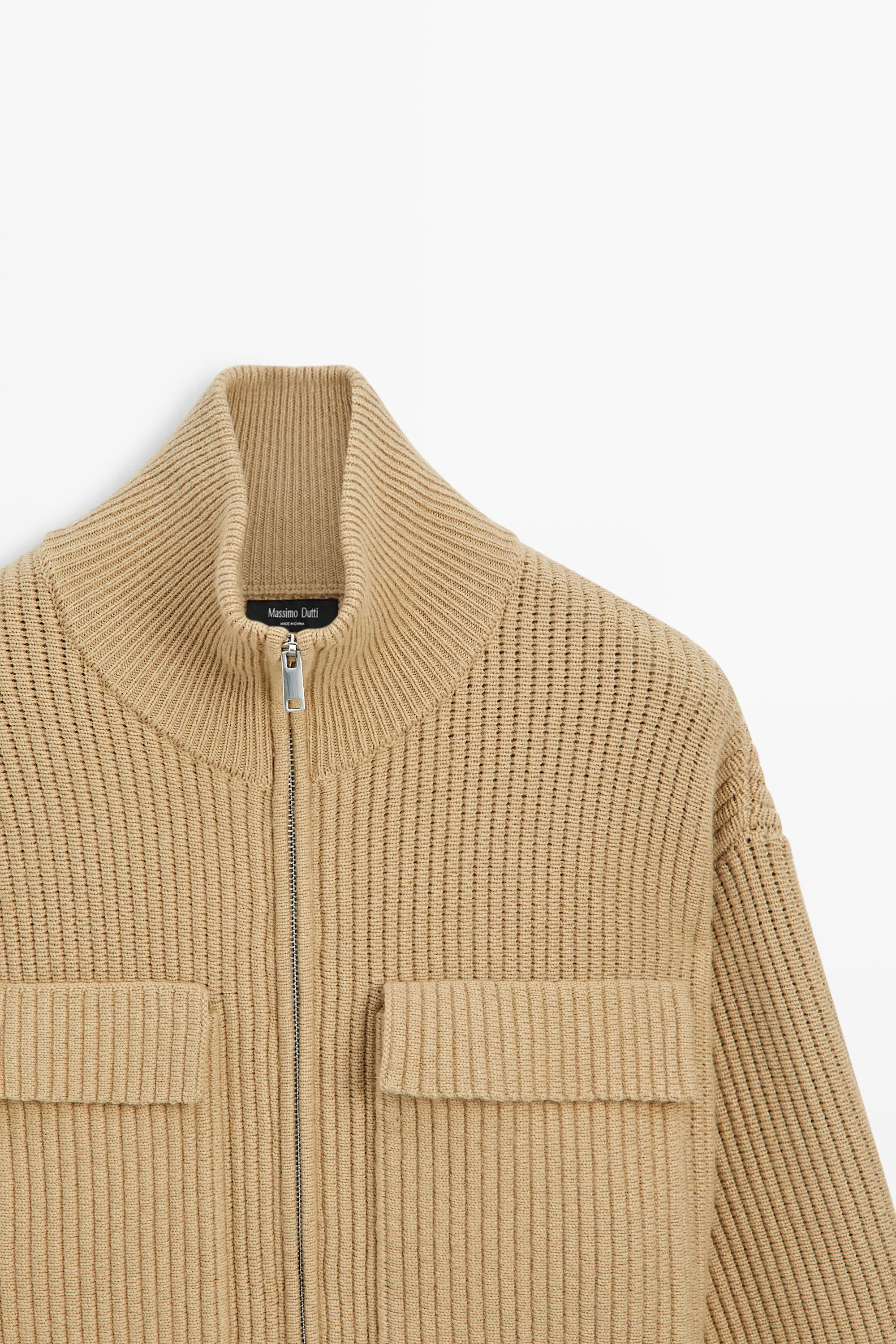 Zip-up knit cardigan with cotton - CAMEL