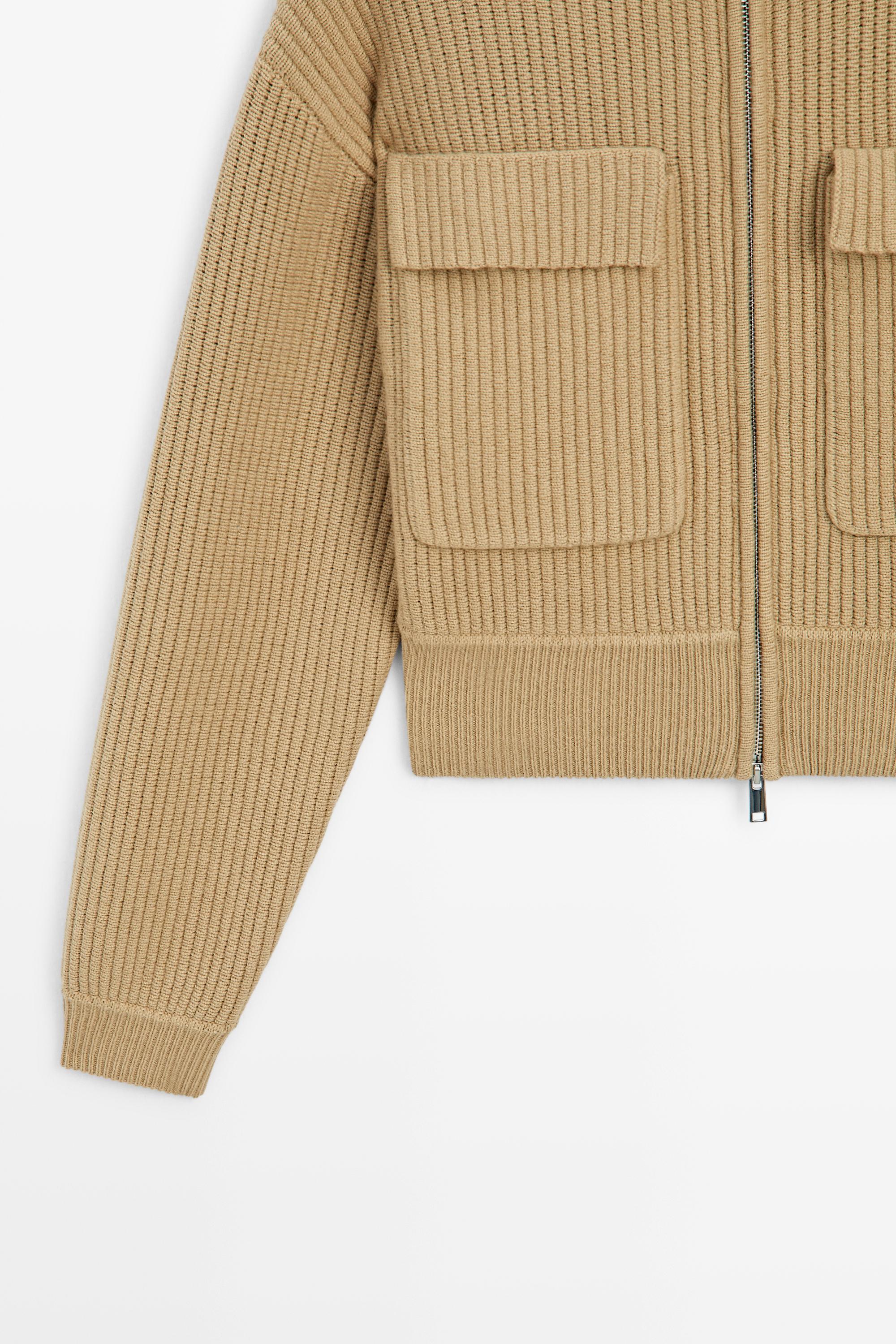Zip-up knit cardigan with cotton - CAMEL