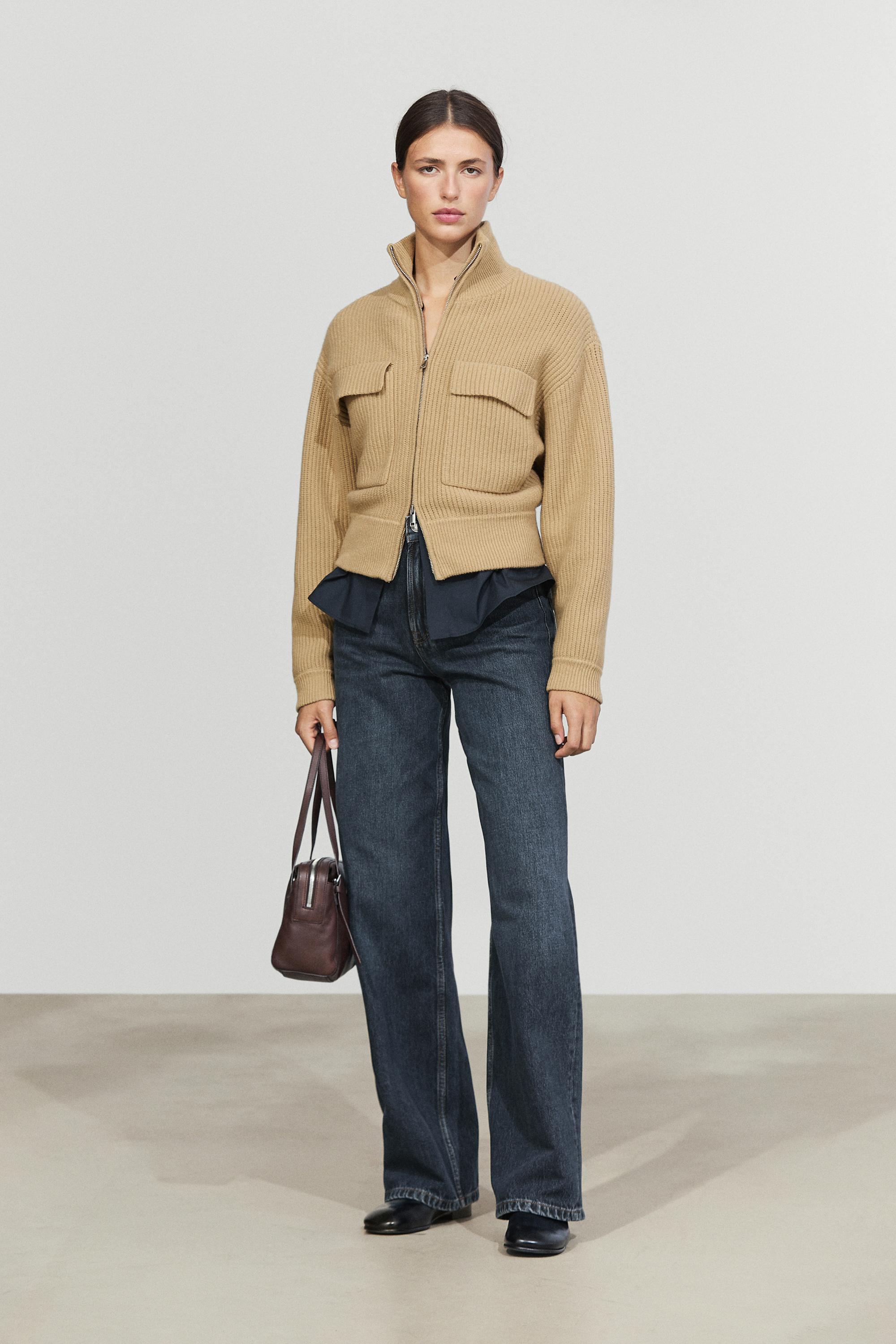 Zip-up knit cardigan with cotton - CAMEL