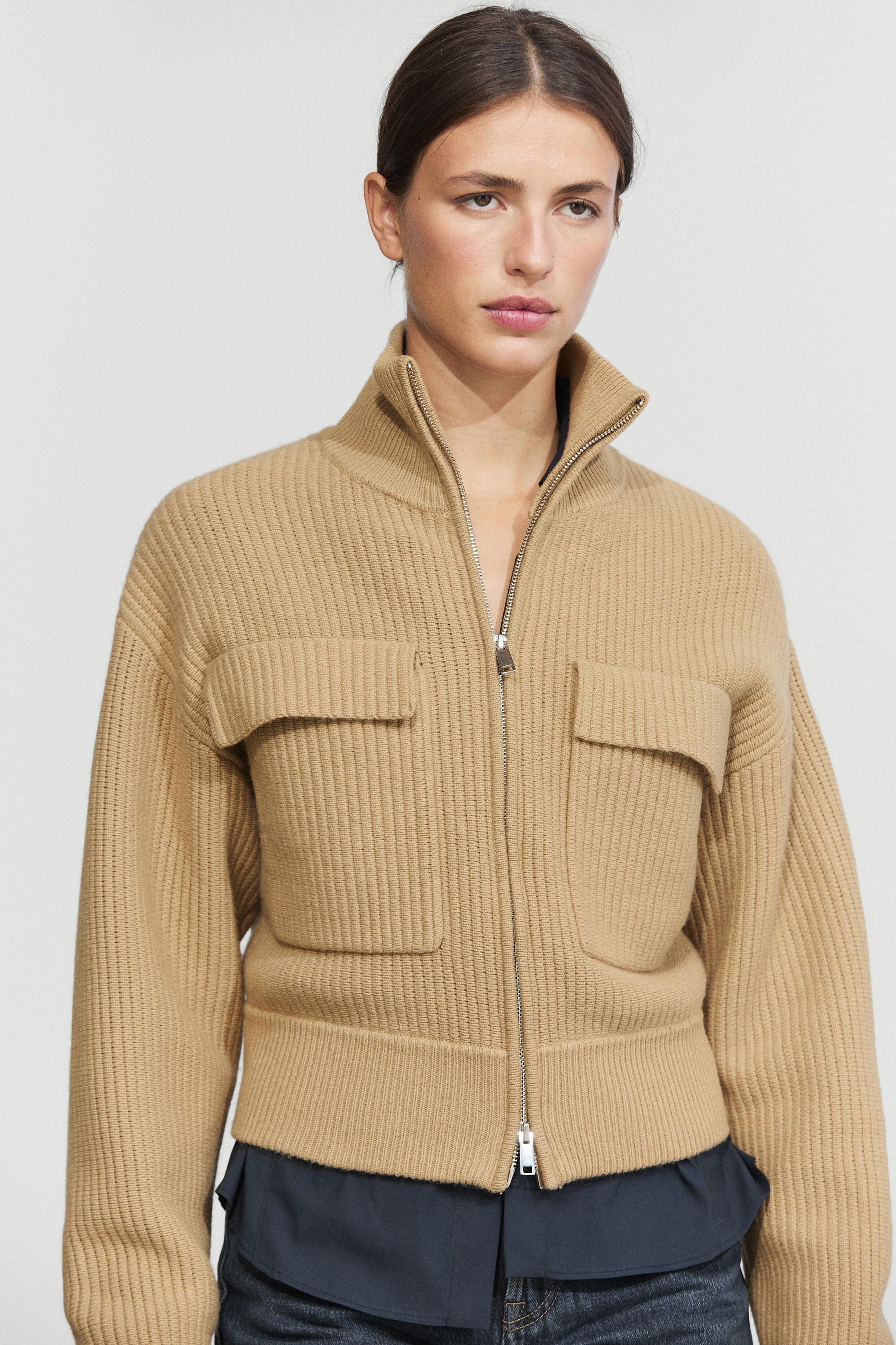Zip-up knit cardigan with cotton - CAMEL