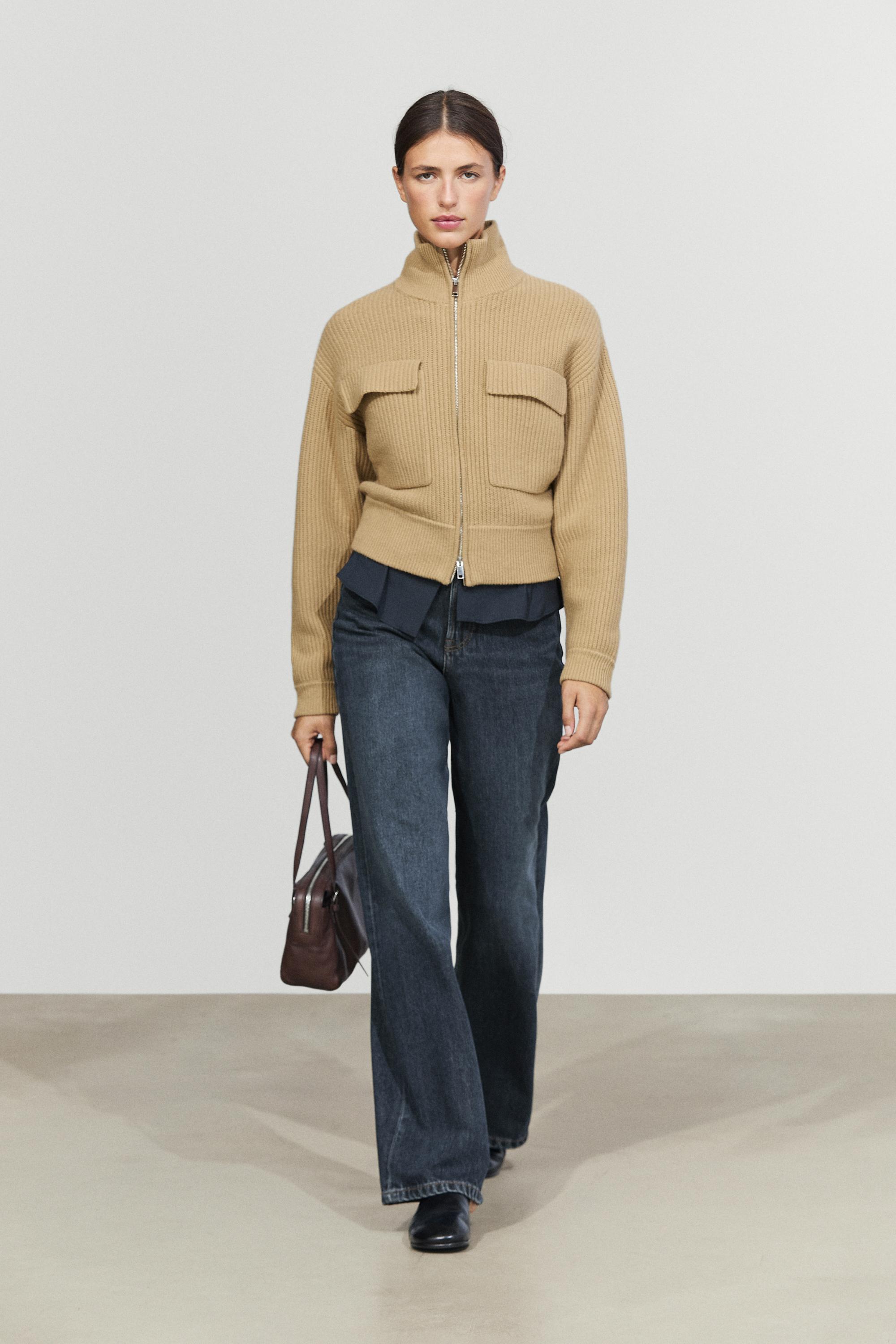 Zip-up knit cardigan with cotton - CAMEL