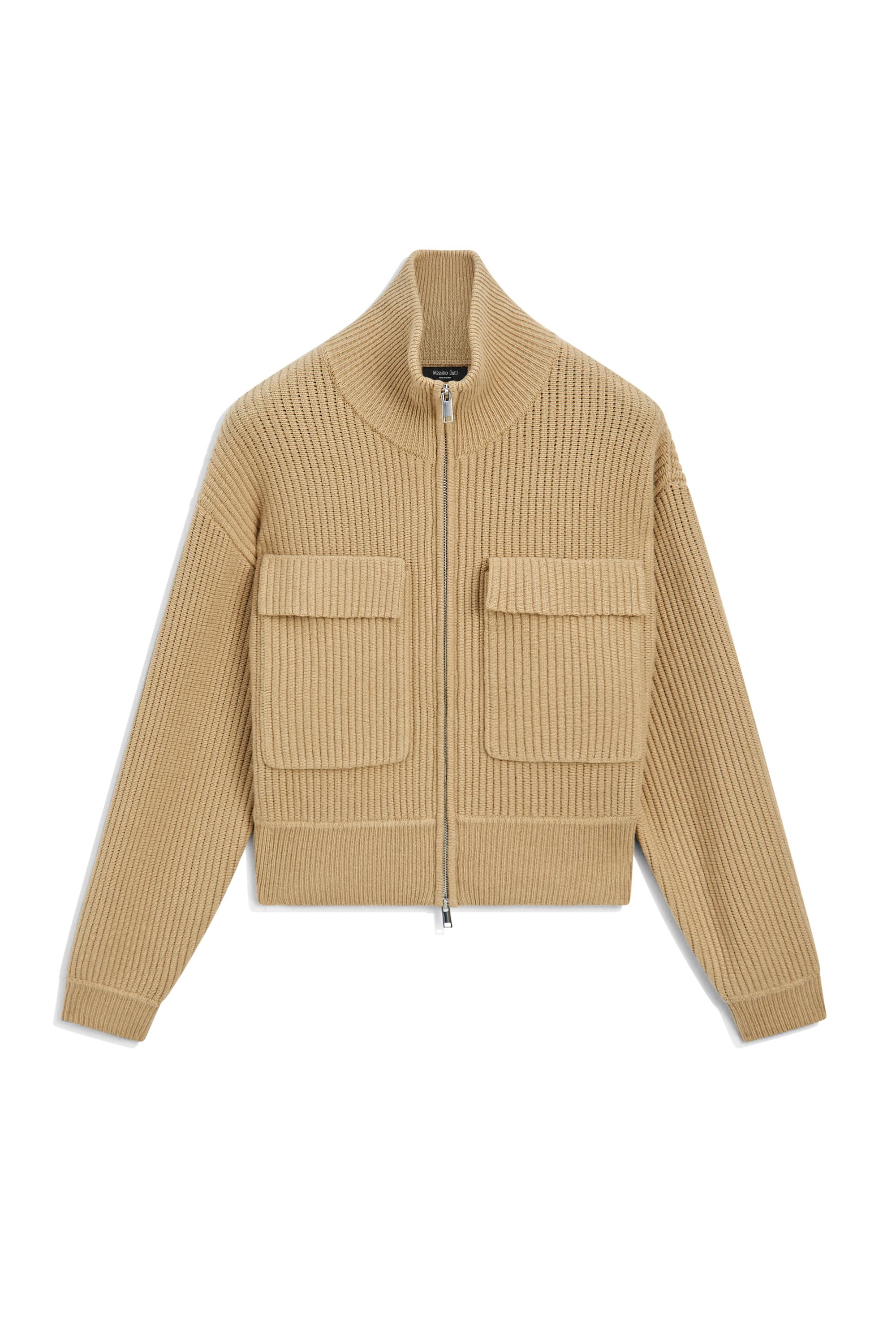 Zip-up knit cardigan with cotton - CAMEL
