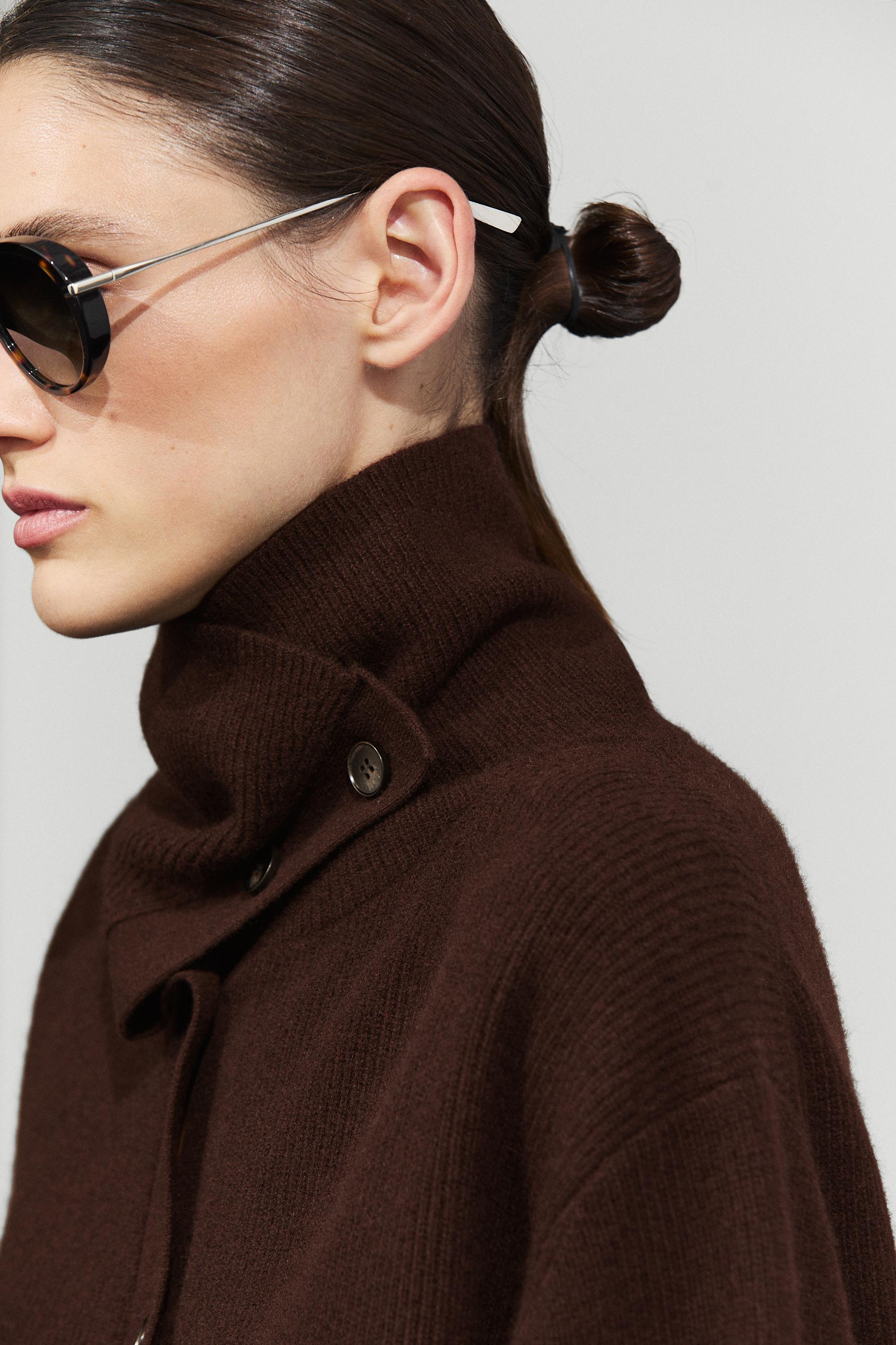 Purl knit funnel neck cardigan - Chocolate