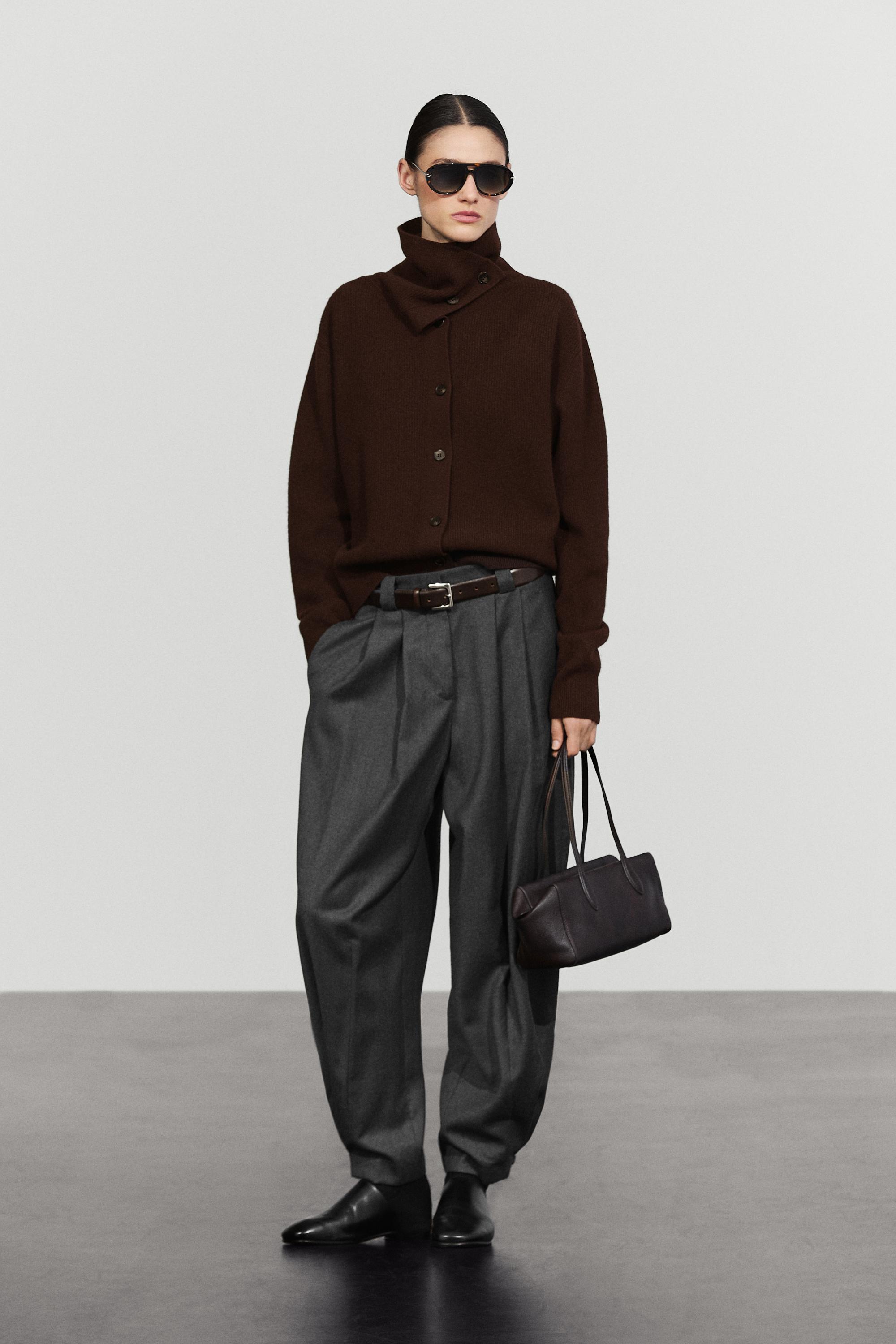 Purl knit funnel neck cardigan - Chocolate