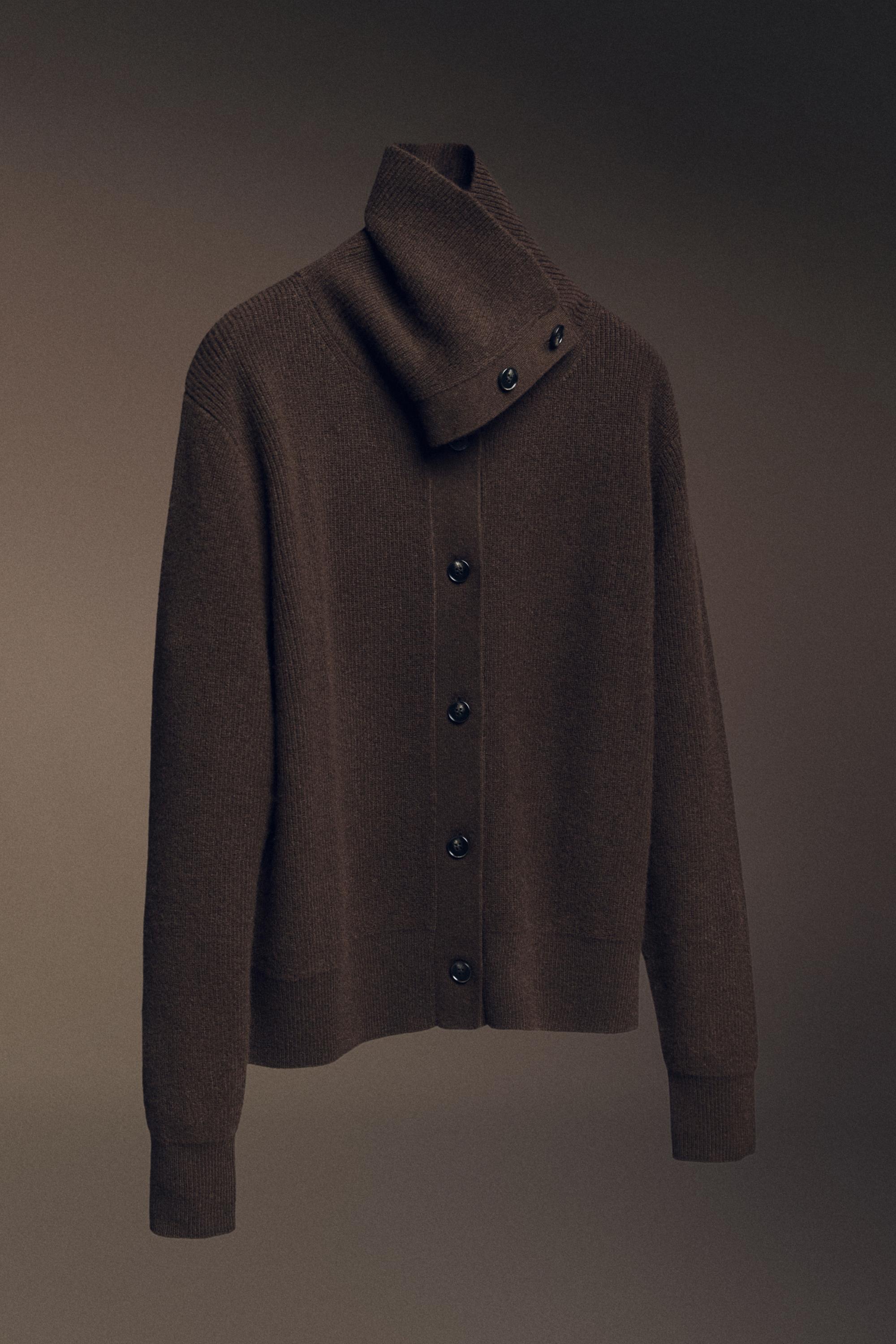 Purl knit funnel neck cardigan - Chocolate