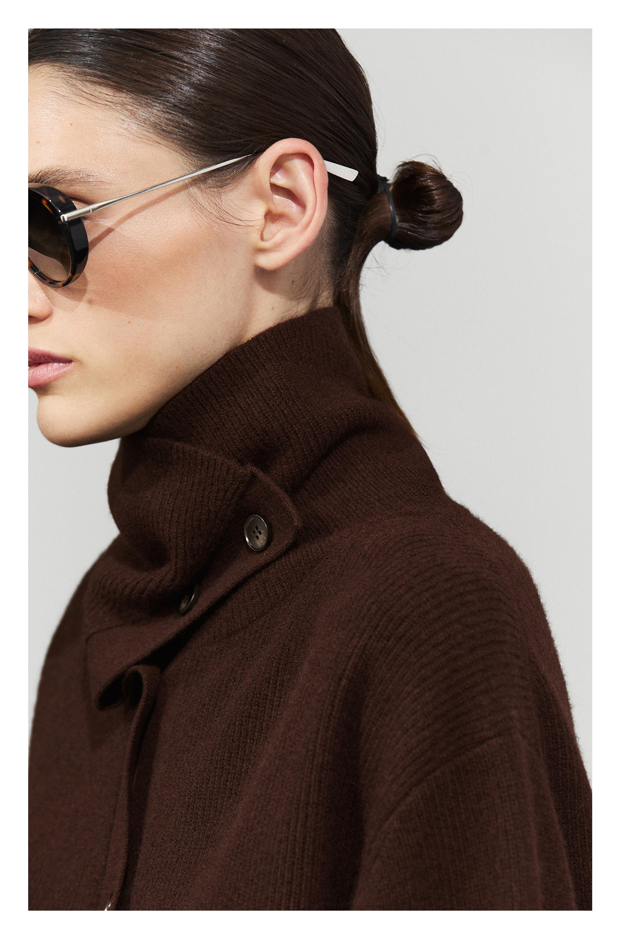Purl knit funnel neck cardigan - Chocolate